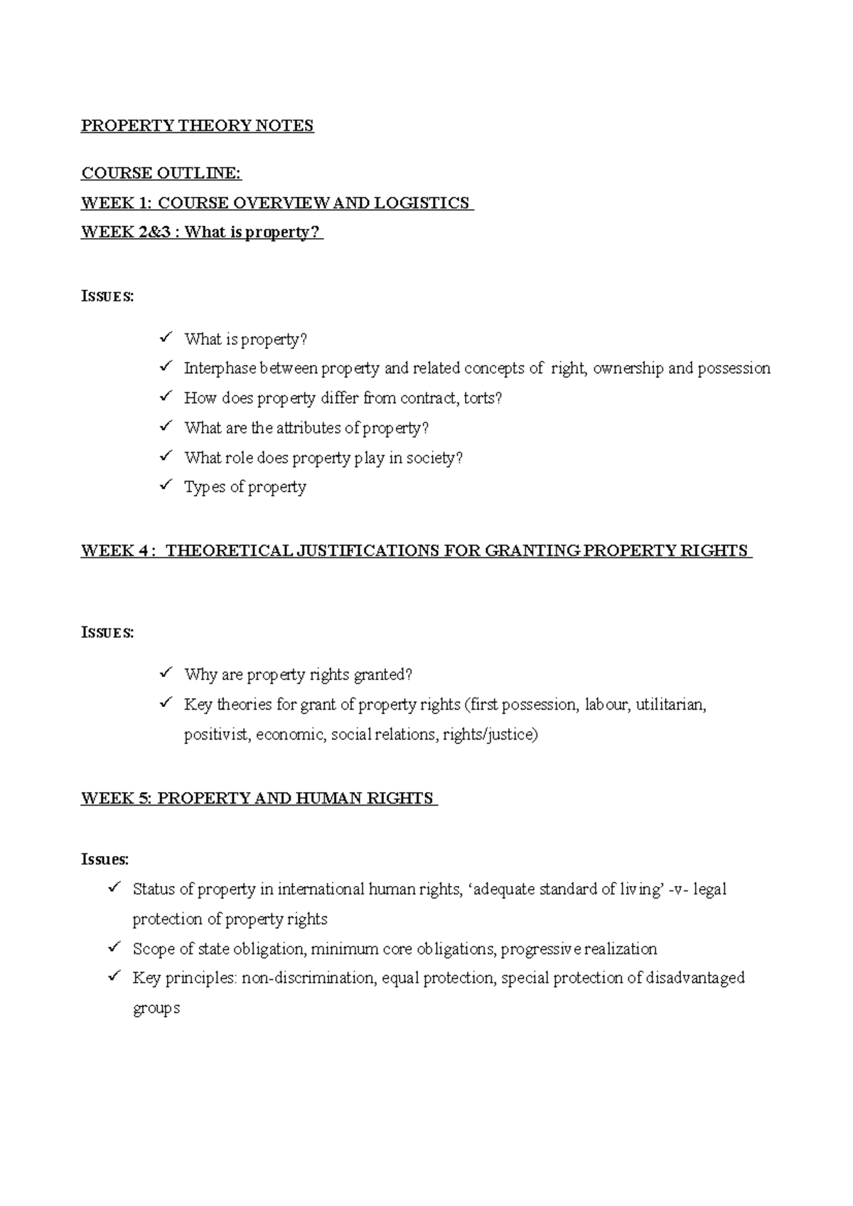PROPERTY THEORY NOTES: WEEK 1-8 OVERVIEW AND KEY ISSUES - Studocu