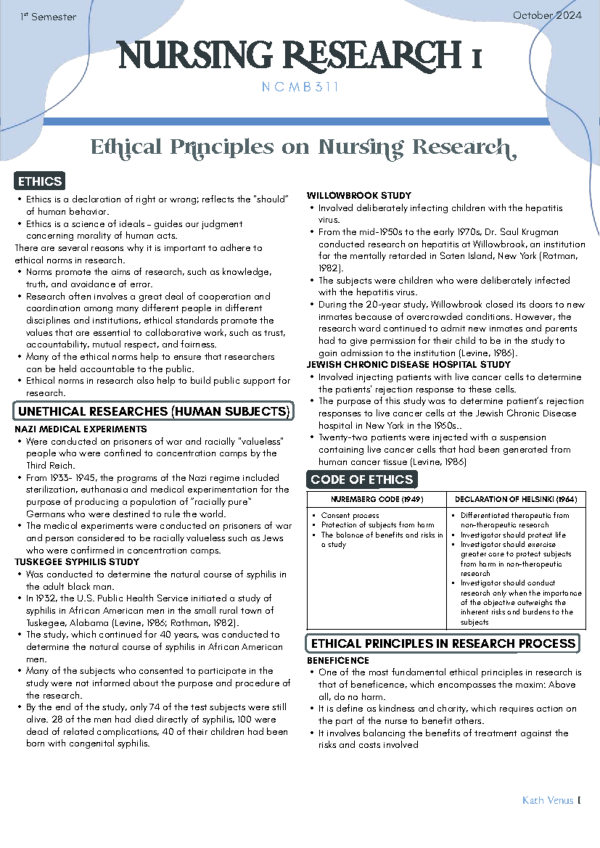 NURSING RESEARCH 1 NCMB311: Ethical Principles Overview - Studocu