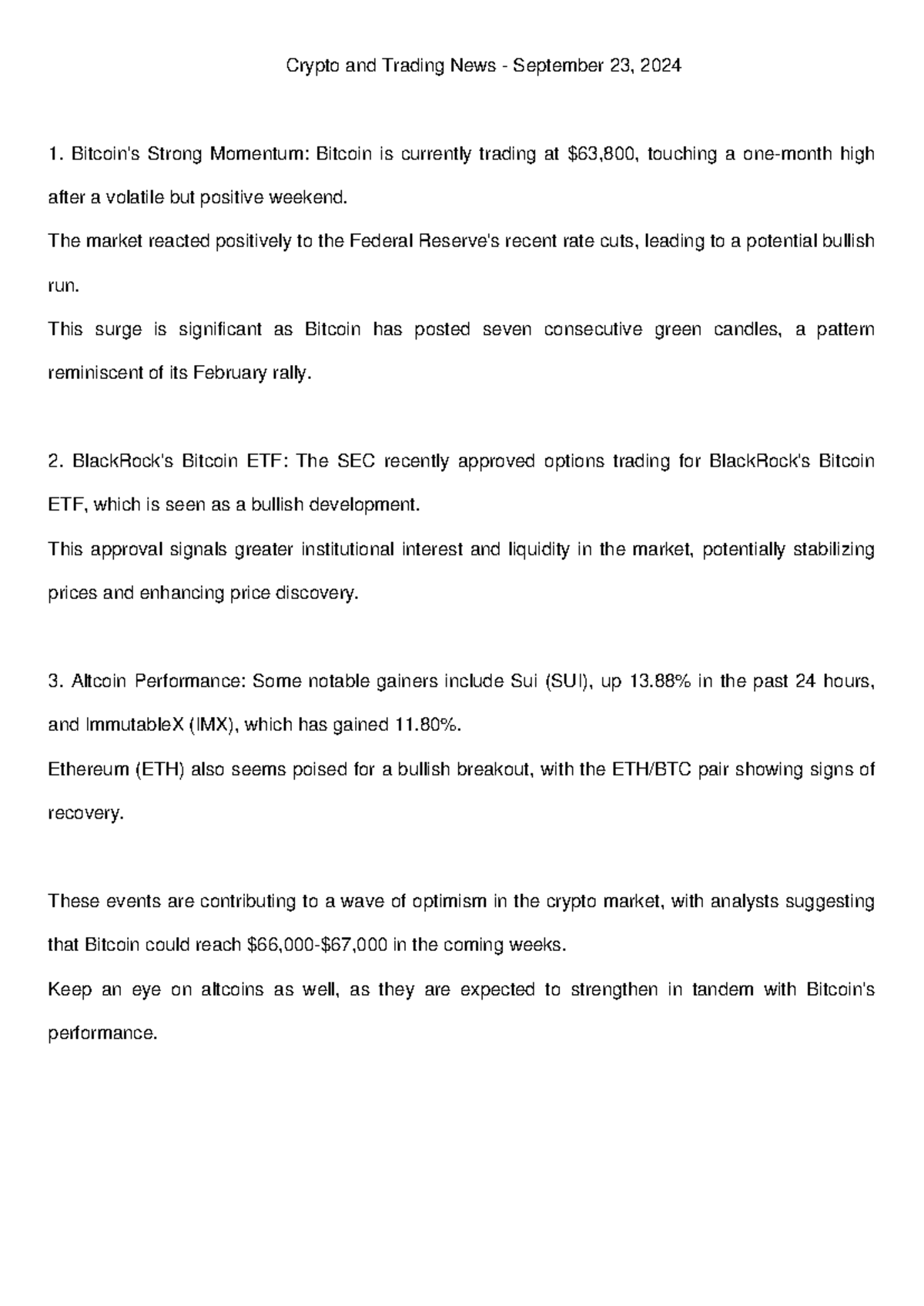 Crypto Trading Update: Highlights from September 23, 2024 - Studocu