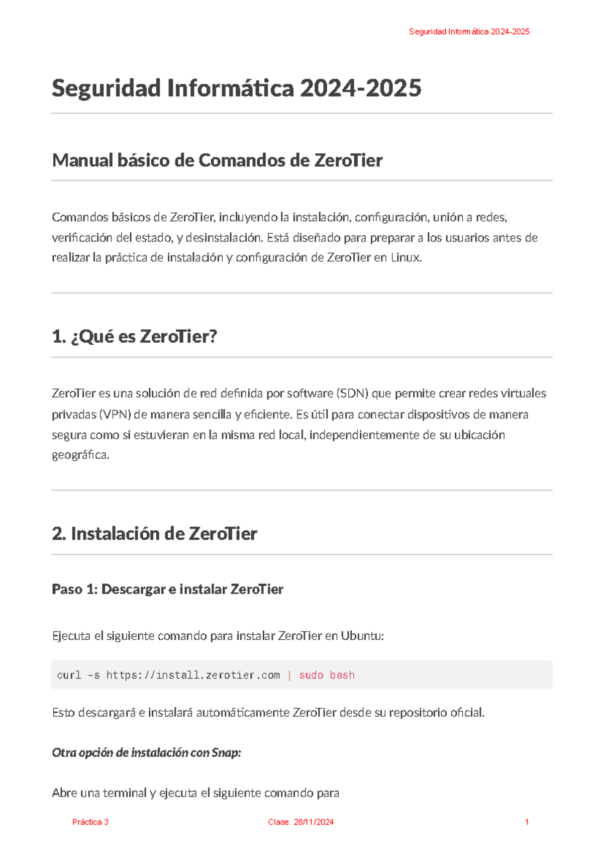 Práctica 3: Comandos Básicos de ZeroTier en Seguridad Informática - Studocu