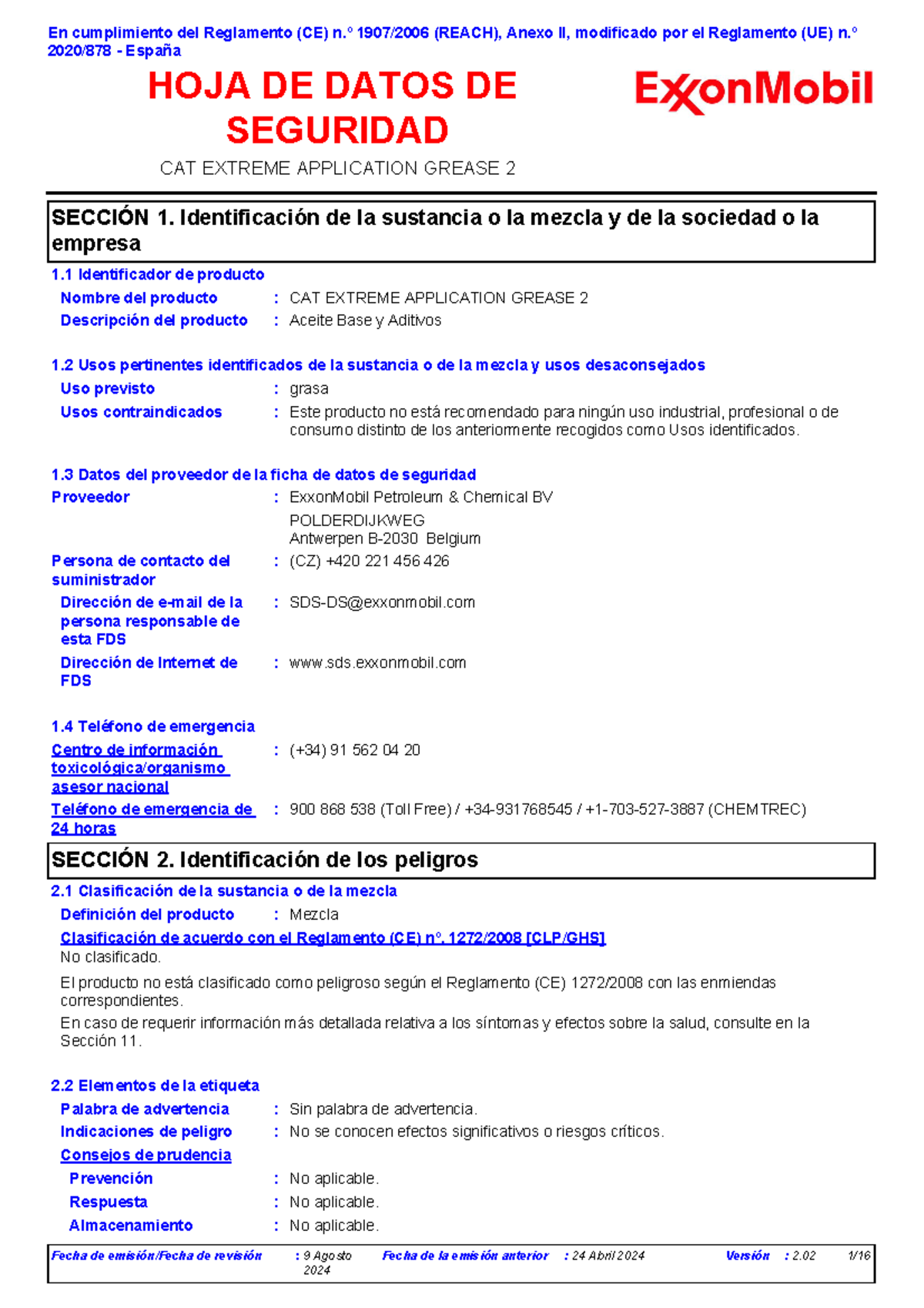 Hoja de Datos de Seguridad - CAT EXTREME GREASE 2 (SDS) - Document Preview