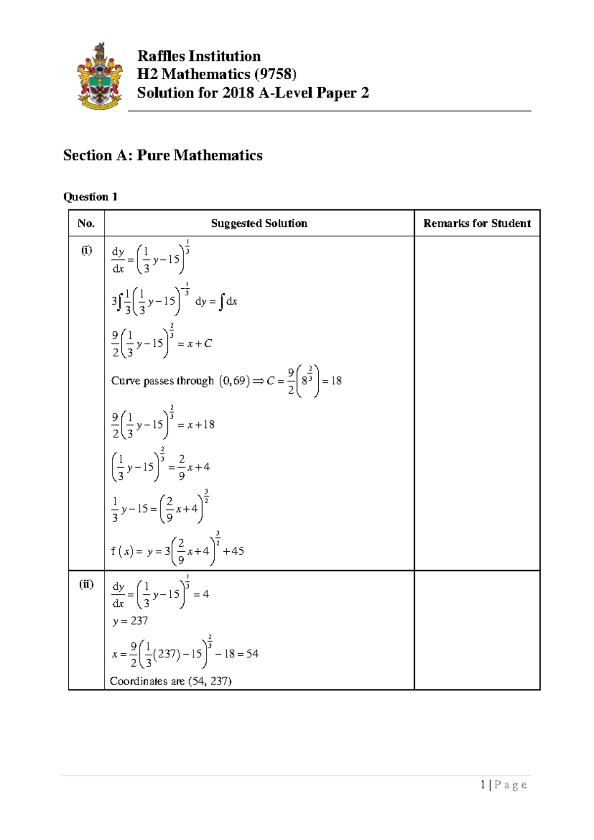 Solution for 2018 H2 Math A-Level Paper 2 - Section A: Pure Mathematics ...