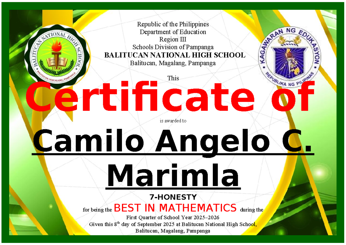 Certificate of Recognition for Best in Mathematics - SY 2025 - Studocu