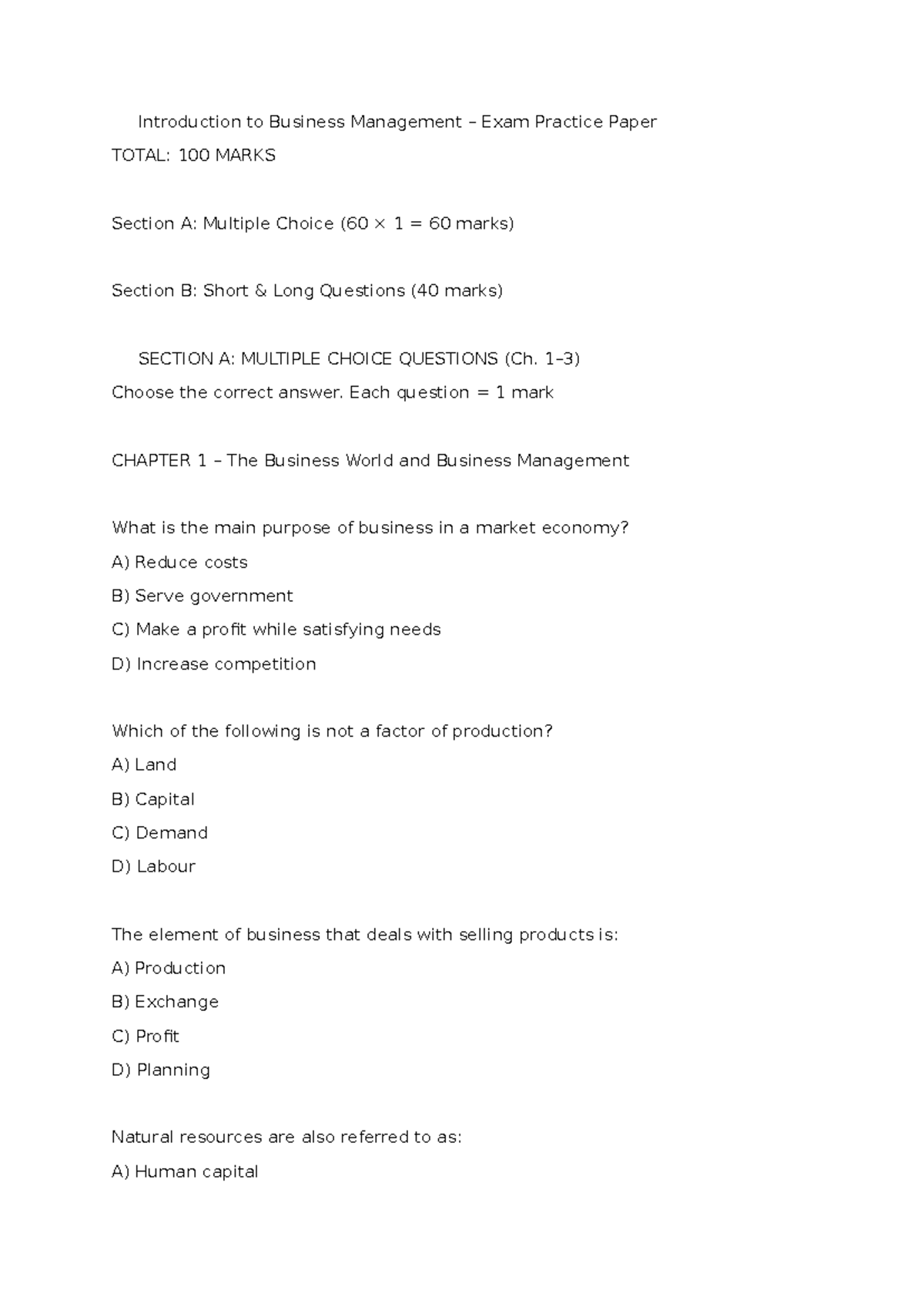 Business Management Exam Practice Paper (BMG) - 100 Marks Total - Studocu