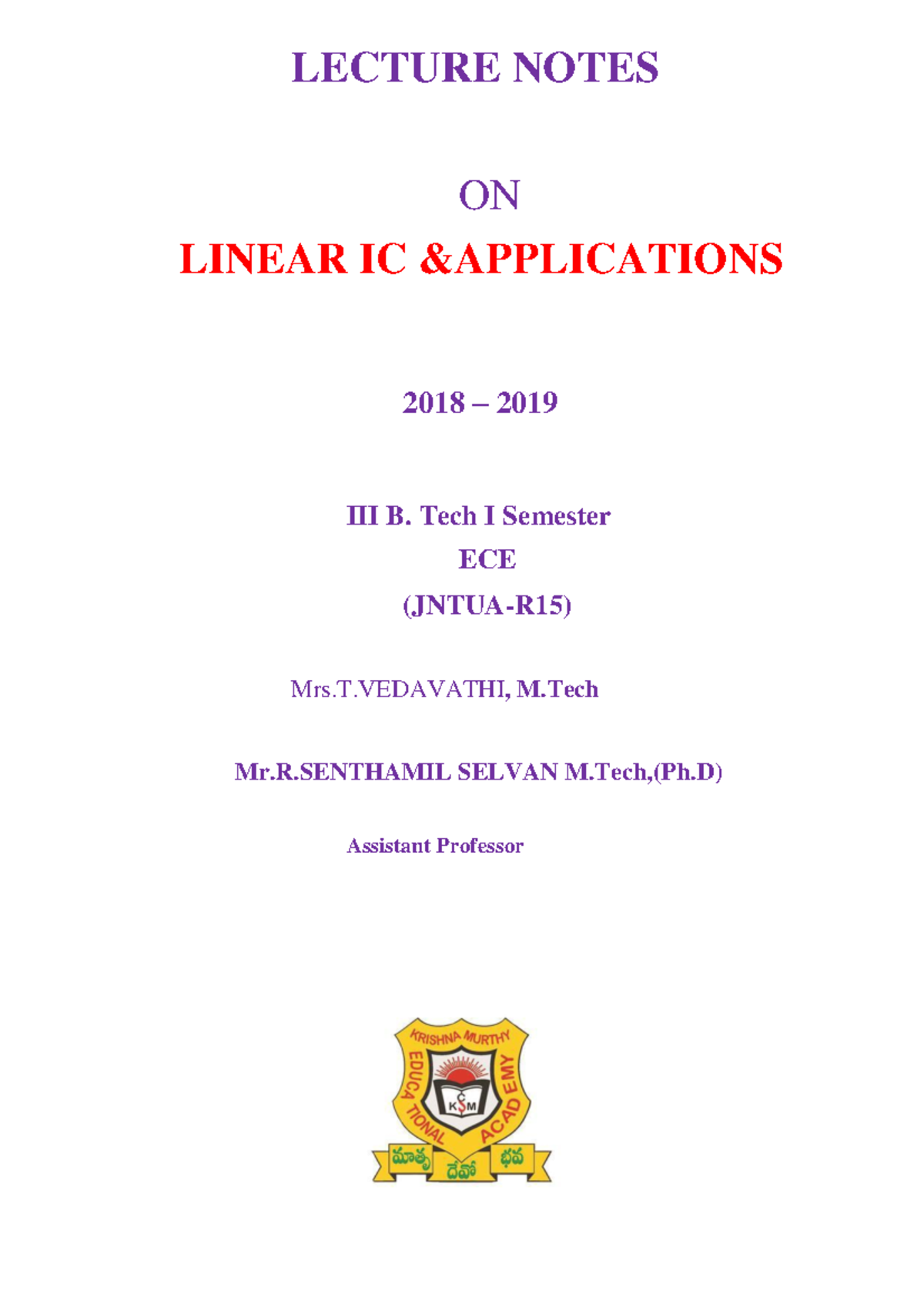 LICA - Lecture notes 1 - LECTURE NOTES ON LINEAR IC 2018 2019 B. Tech I ...