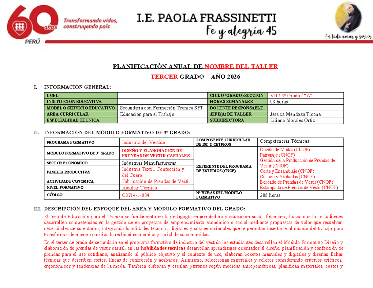 Planificación Anual del Taller de Diseño de Prendas EPT SFT 2026 - Document Preview
