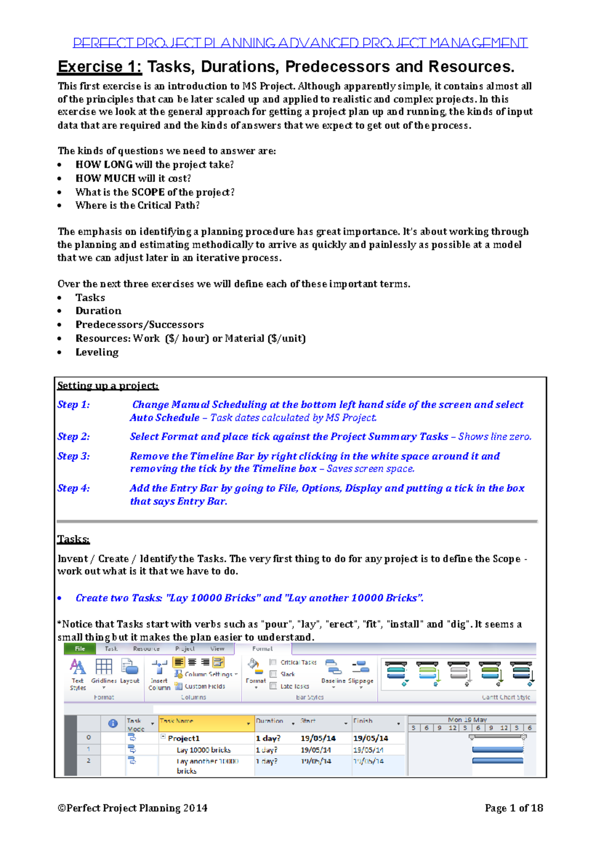 PPP Course Part 1 - Exercises 1 to 4B - Exercise 1: Tasks, Durations ...