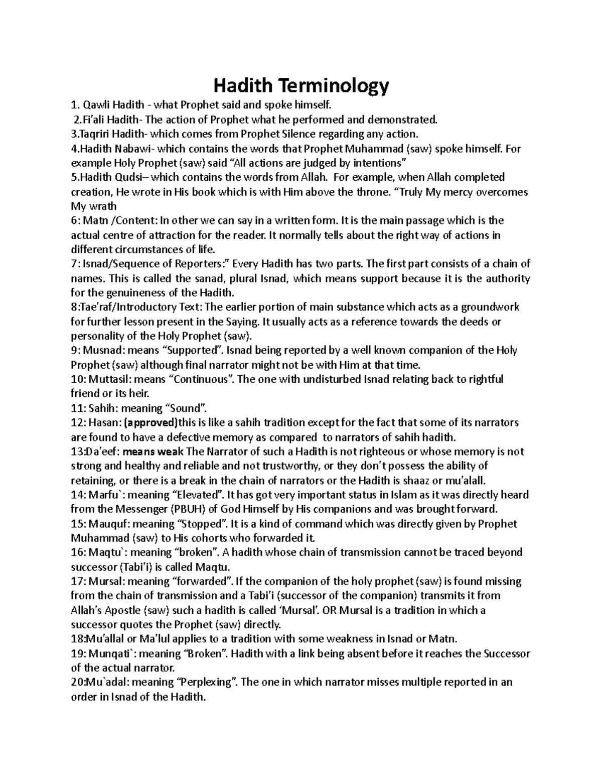 Hadith Terminology Notes - Comprehensive Study Guide 2023 - Studocu