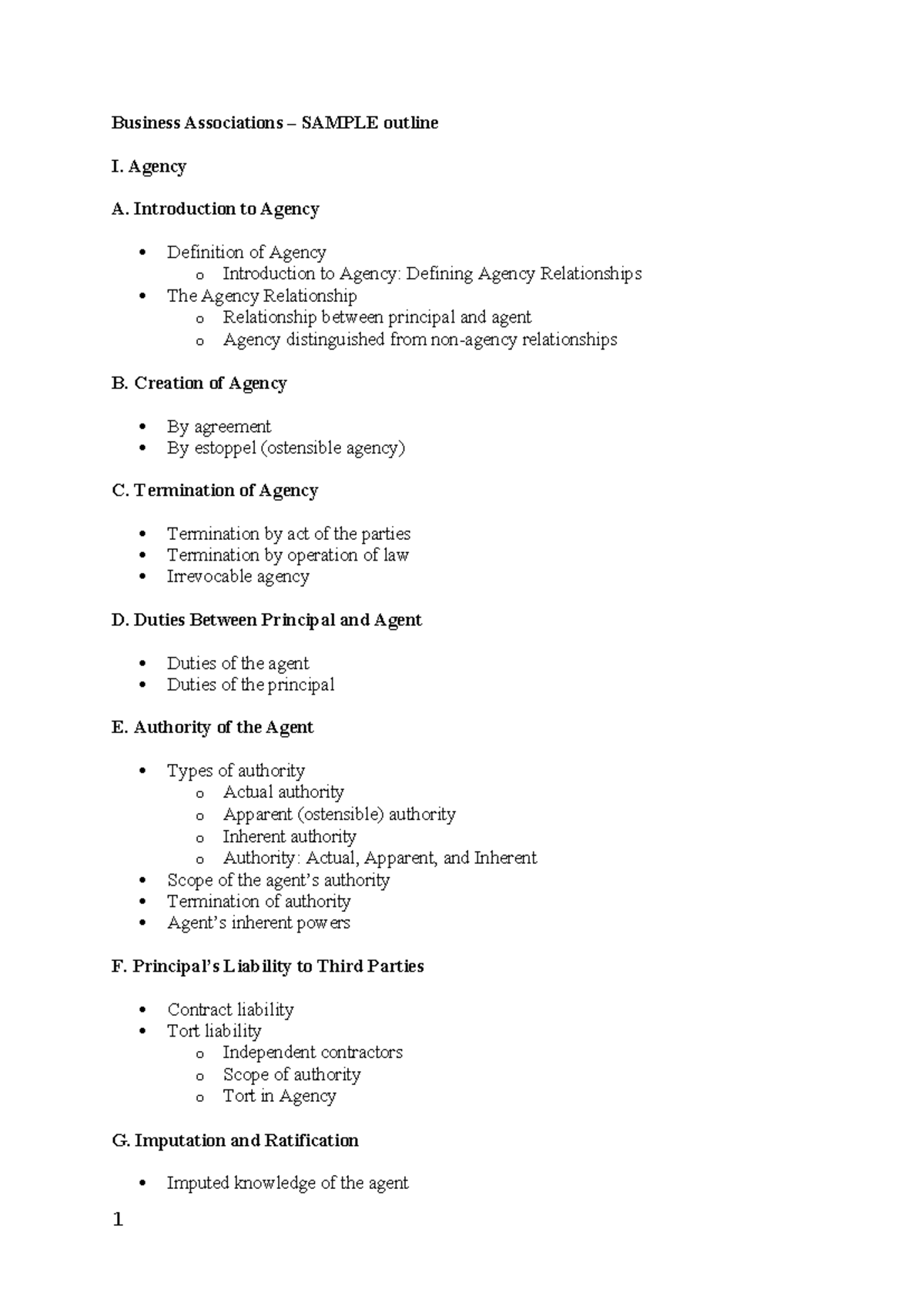 Business Associations (CORP25) Sample Outline: Agency, Partnership ...
