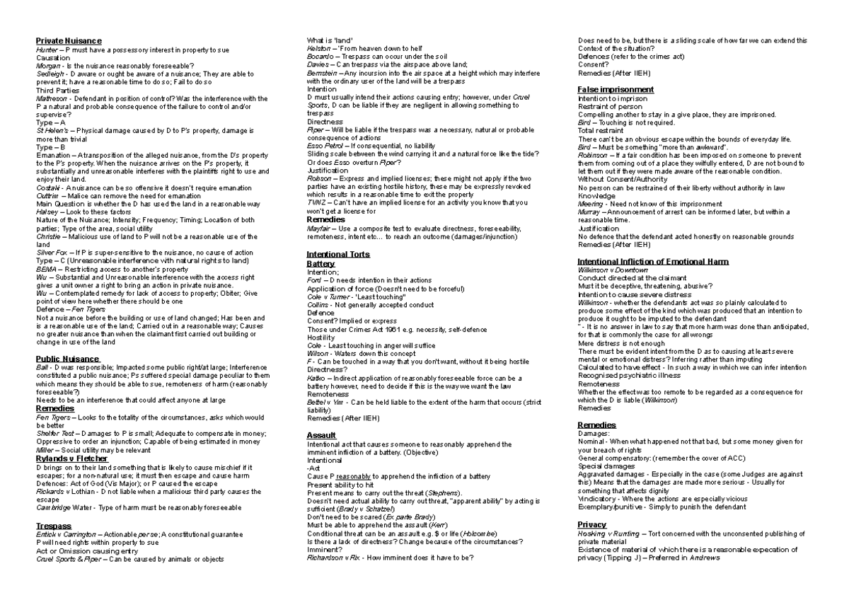 Final Exam Study Notes for Laws 212: Tort Law Cheat Sheet - Studocu