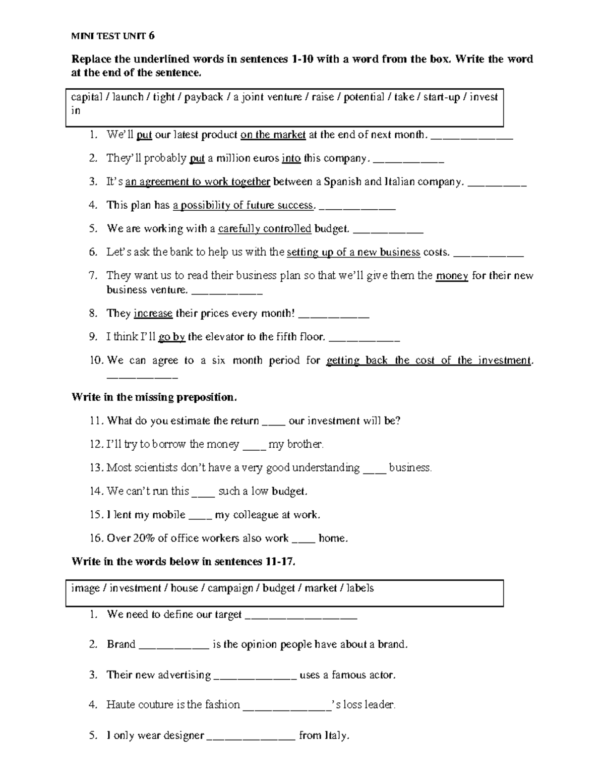 MINI TEST UNIT 6: Vocabulary and Sentence Completion Exercises - Studocu