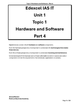 AS Level ICT - Topic 1 Part 1: Hardware and Software Overview - Studocu