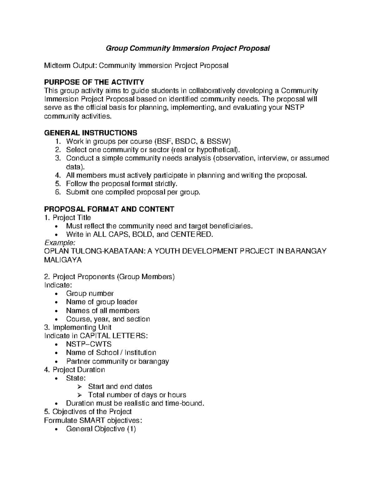 BSF/BSDC/BSSW Midterm Output: Community Immersion Project Proposal ...