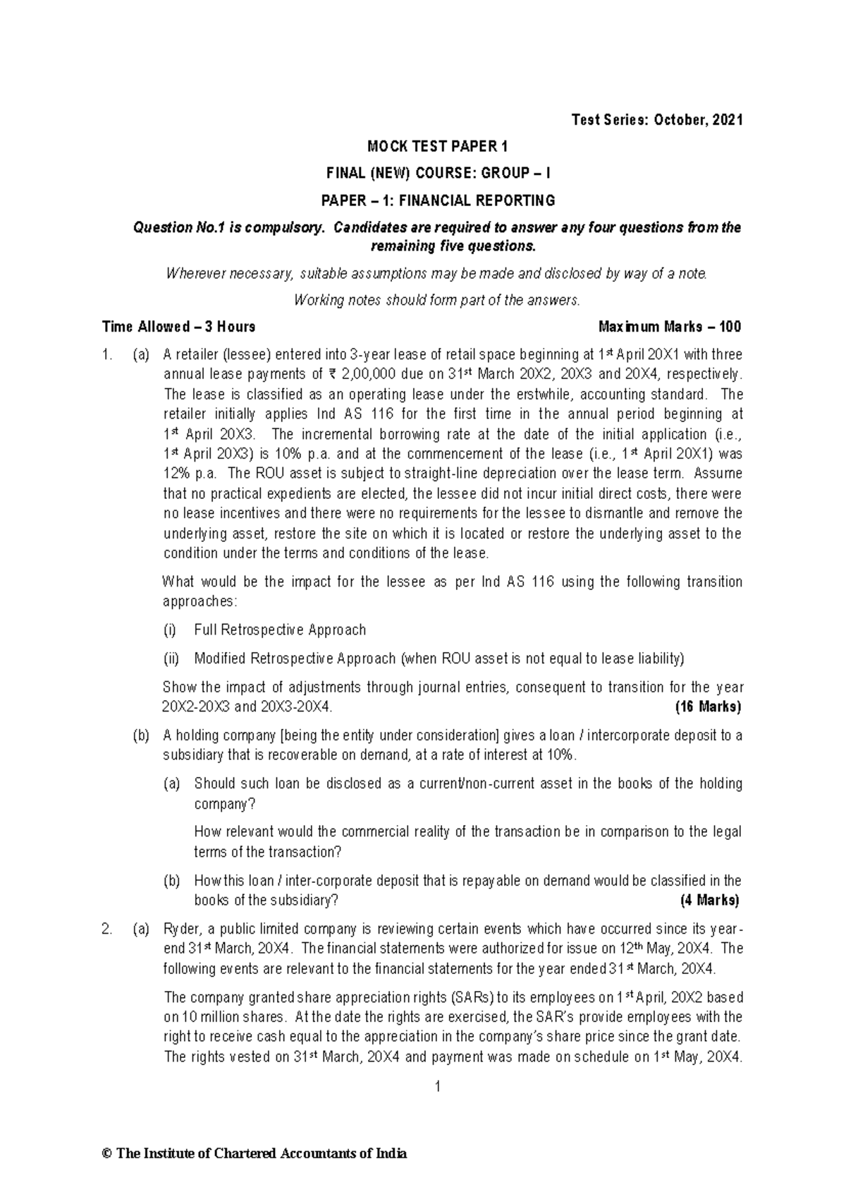 Mock Test Paper FR(New) Dec 21 - 1 Test Series: October, 2021 MOCK TEST ...