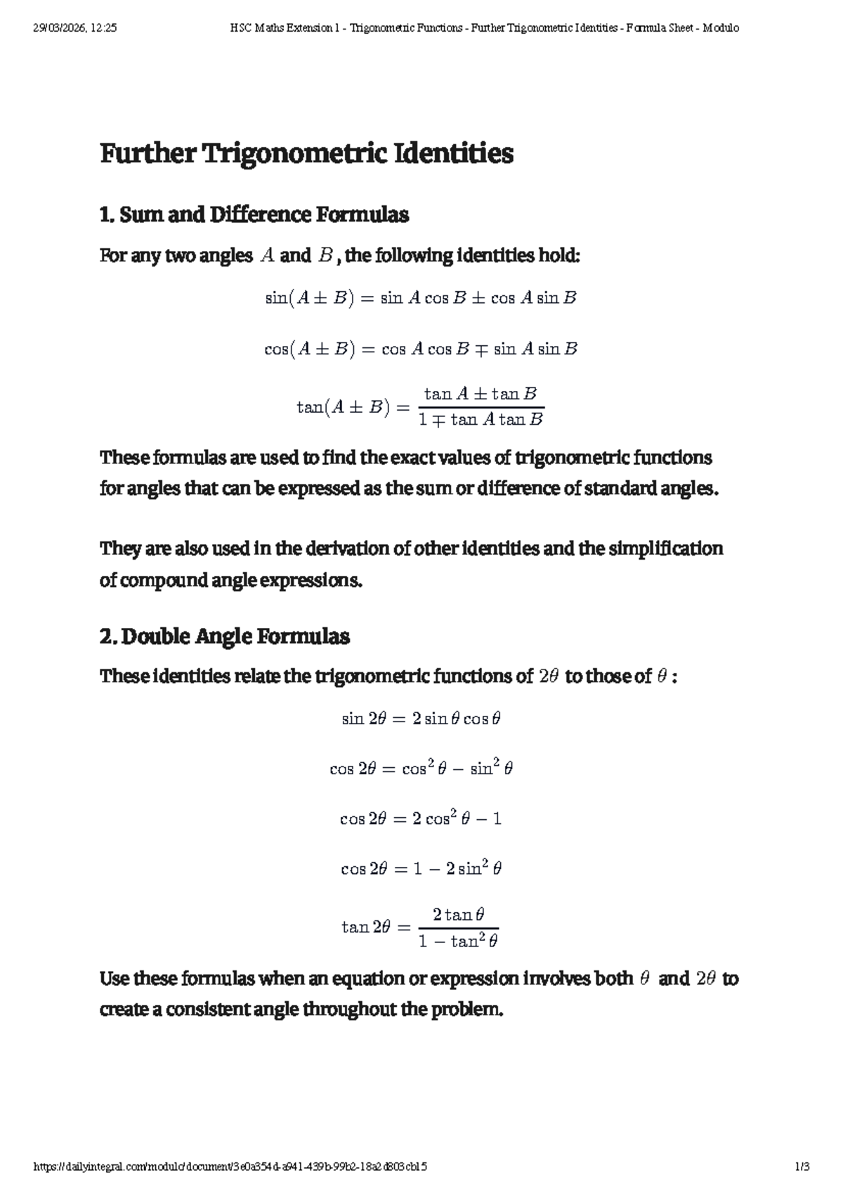 HSC Maths Extension 1: Trigonometric Functions & Identities Formula ...