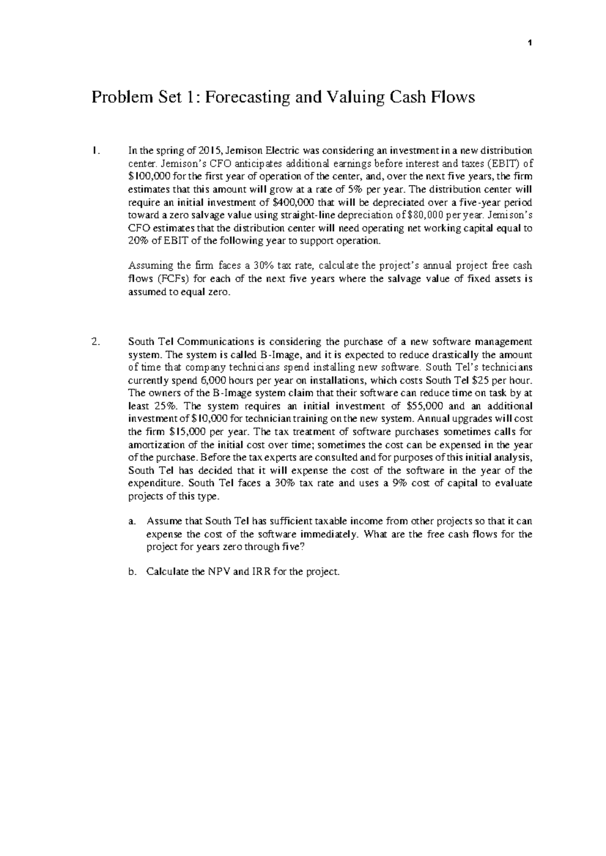 PS1 - Exercice - 1 Problem Set 1: Forecasting and Valuing Cash Flows In ...