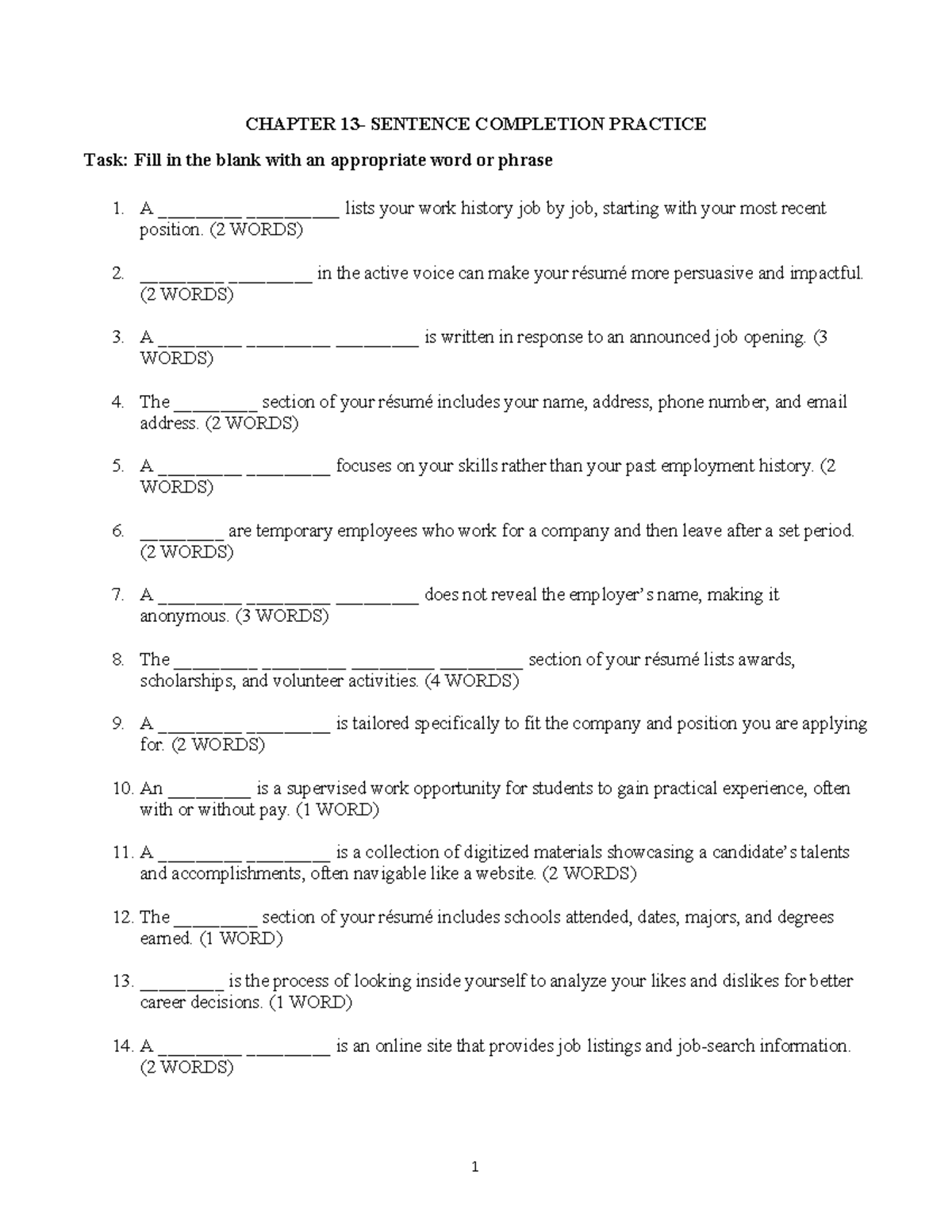 CHAPTER 1: SENTENCE COMPLETION PRACTICE FOR RESUMES - Studocu