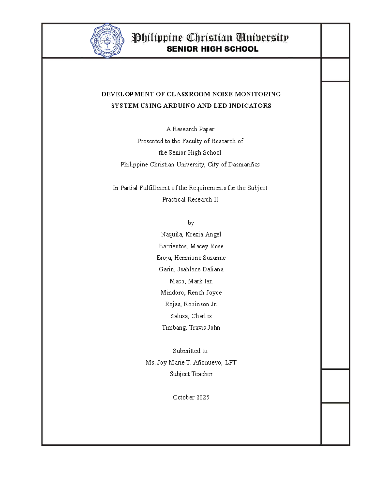 STEM 12-Q: Development of Arduino-Based Classroom Noise Monitoring System - Document Preview