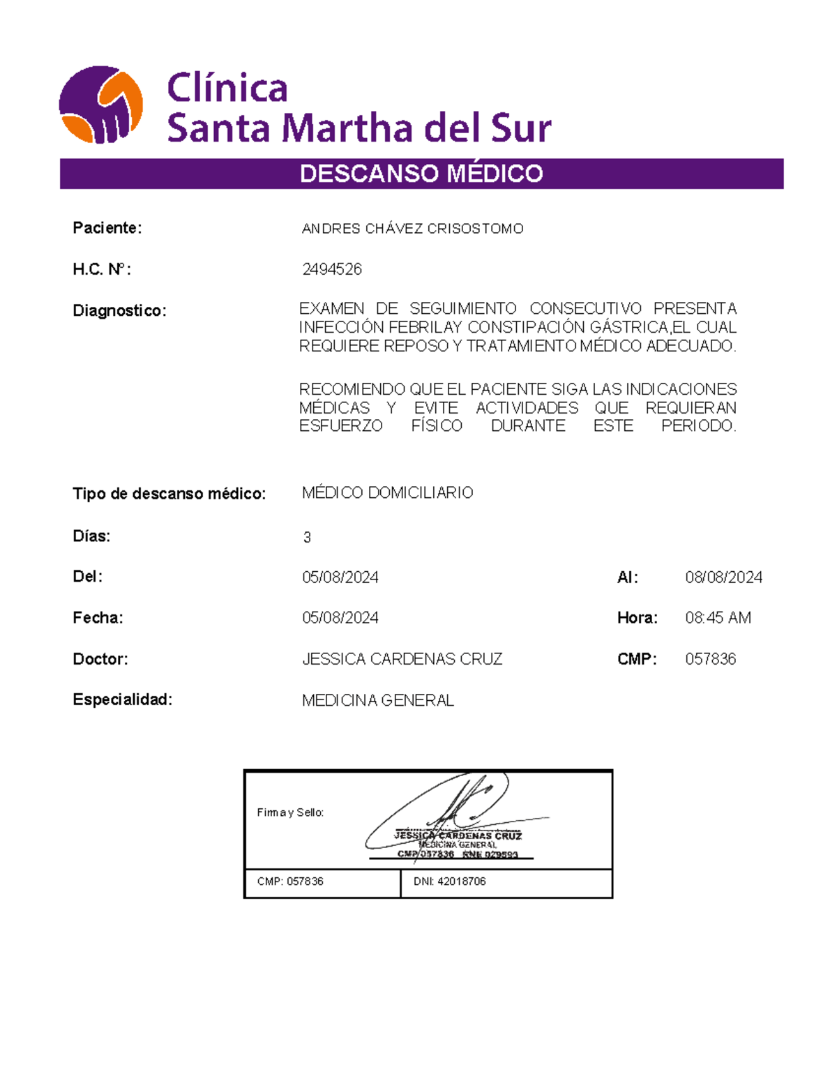 Certificado Médico - Descanso e Indicaciones - Andrés Chávez  - Document Preview