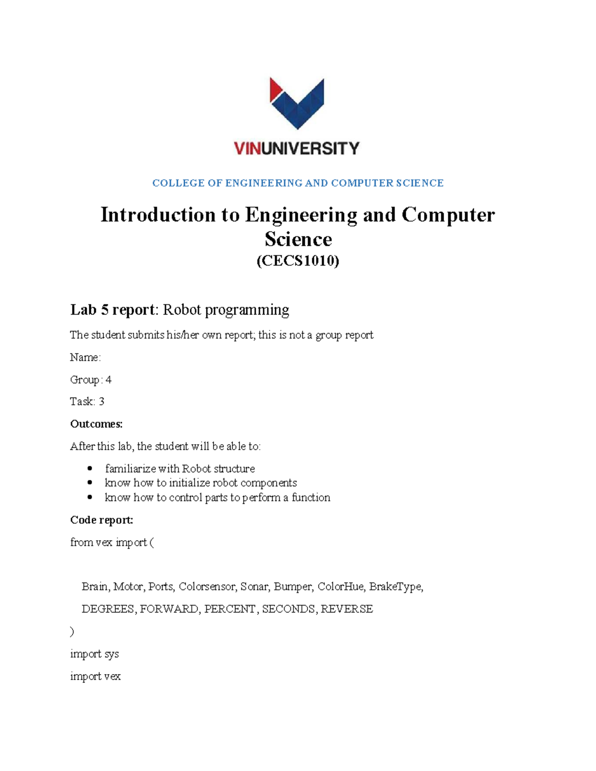 Lab 5 Report: Robot Programming (CECS1010) - Task 3 Overview - Studocu