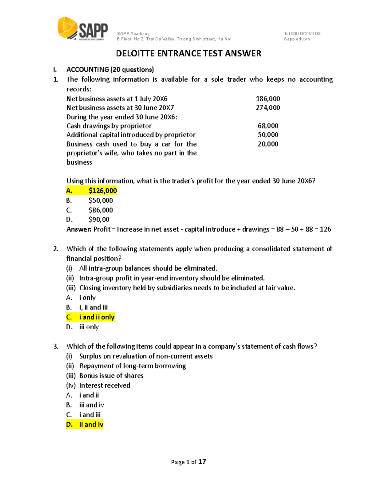 SAPP - Deloitte Entrance Test Answers - Detailed Solutions and Analysis ...