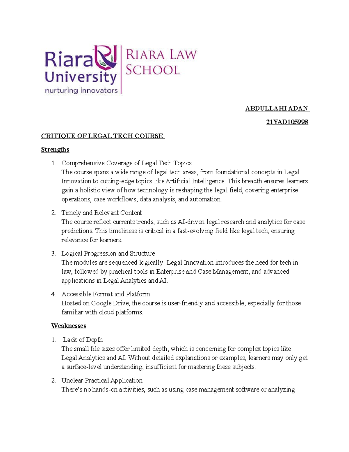 Critique of legal tech course (21YAD105998) - strengths and weaknesses ...