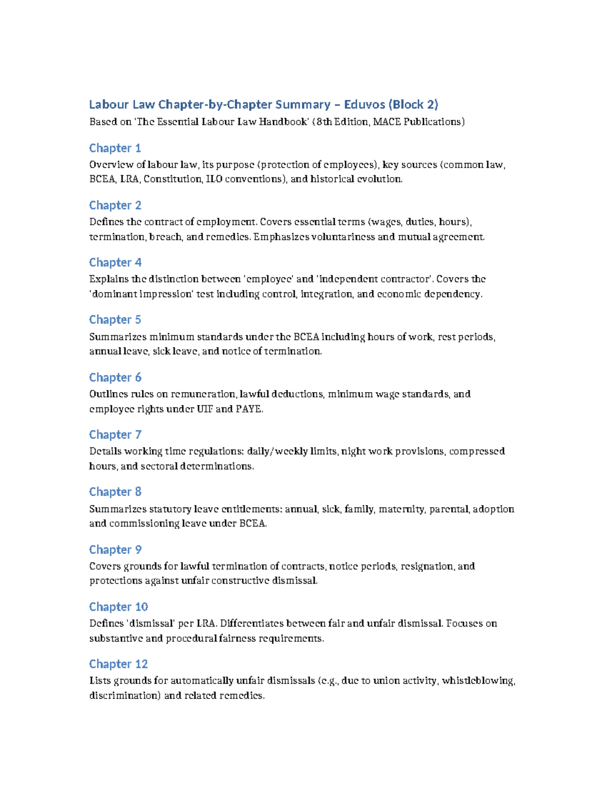 Labour Law Chapter Summary Eduvos (Block 2) - Key Concepts & Overview ...