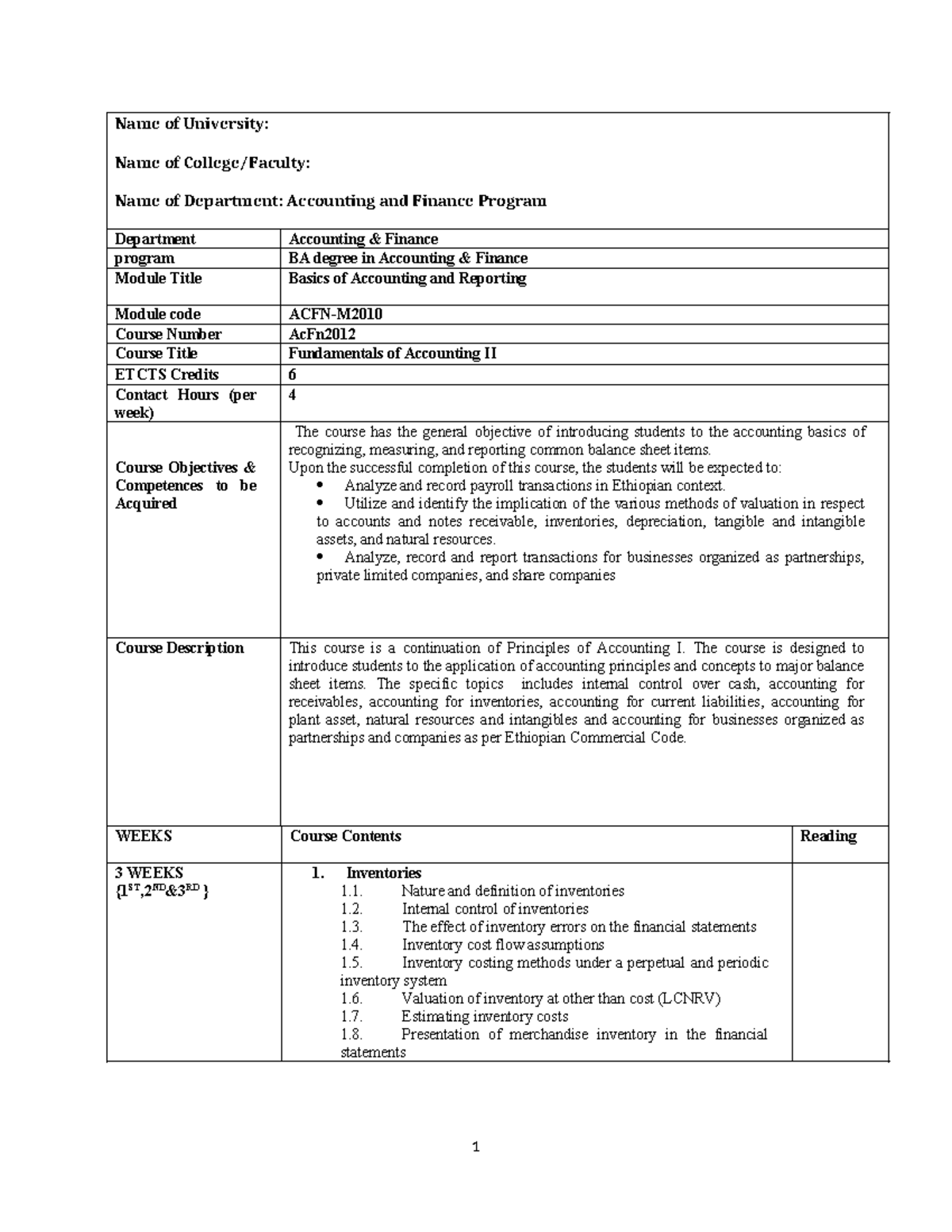 Course Outline - funadamentals of Accounting 1 - Name of University ...