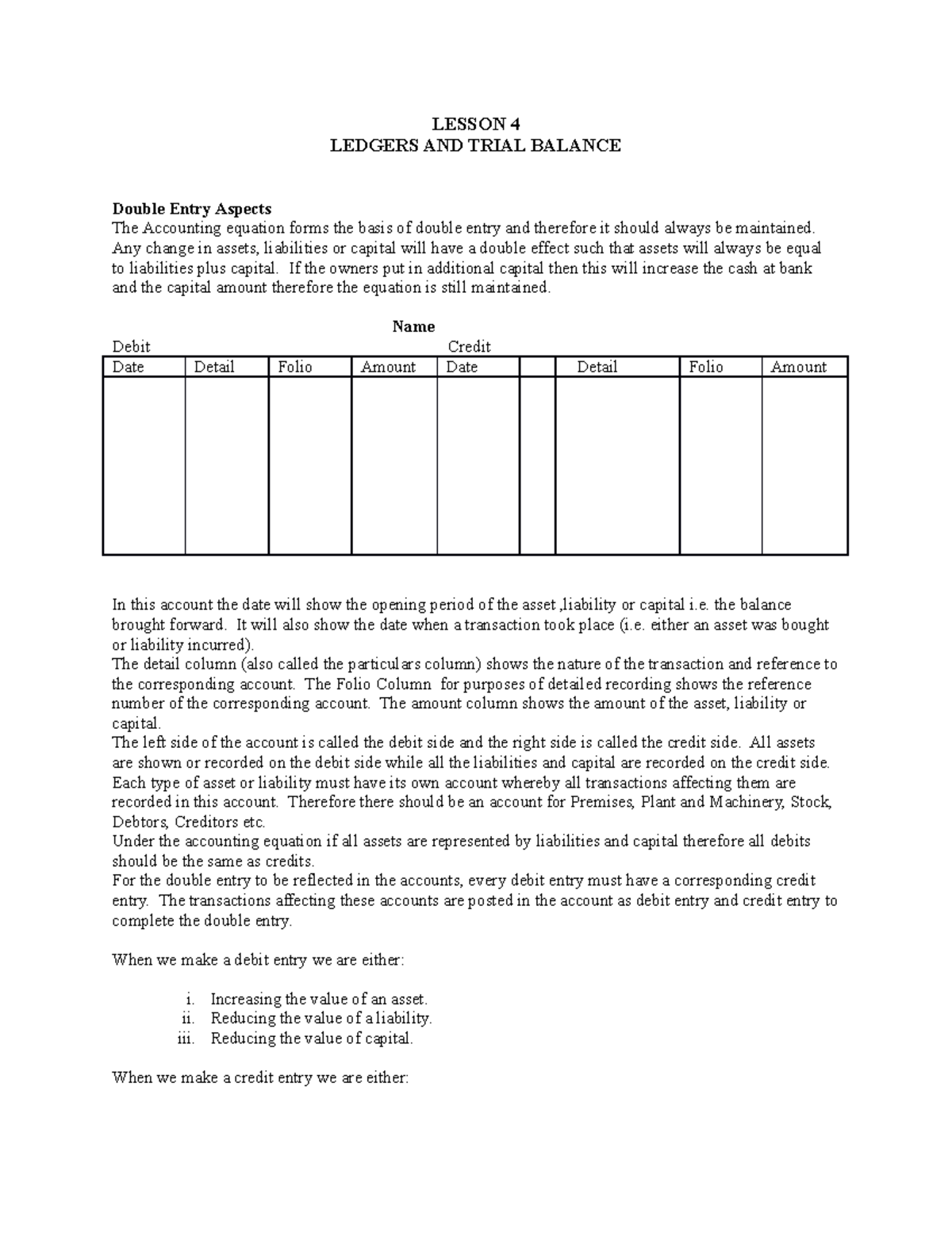Lesson 4: Ledgers and Trial Balance Insights for ACC101 - Studocu