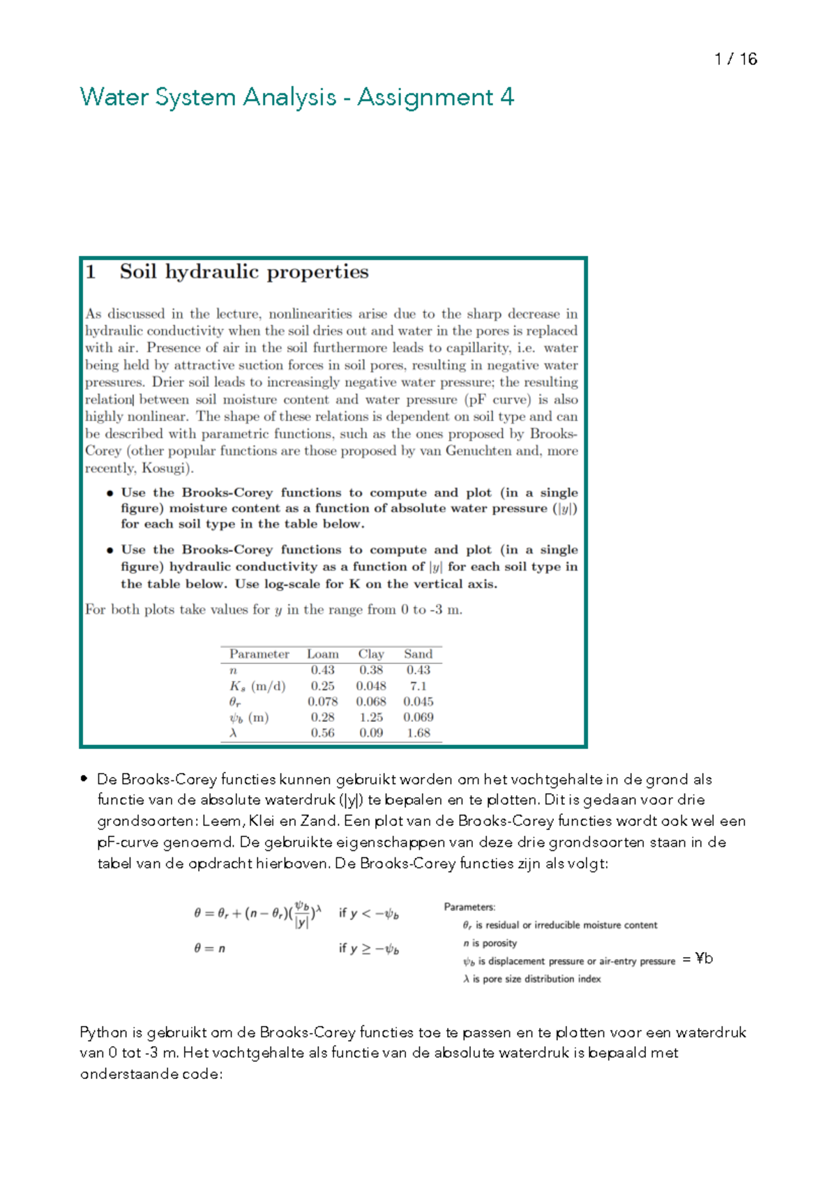 Water System Analysis Assignment 4: Brooks-Corey Functions in Python ...