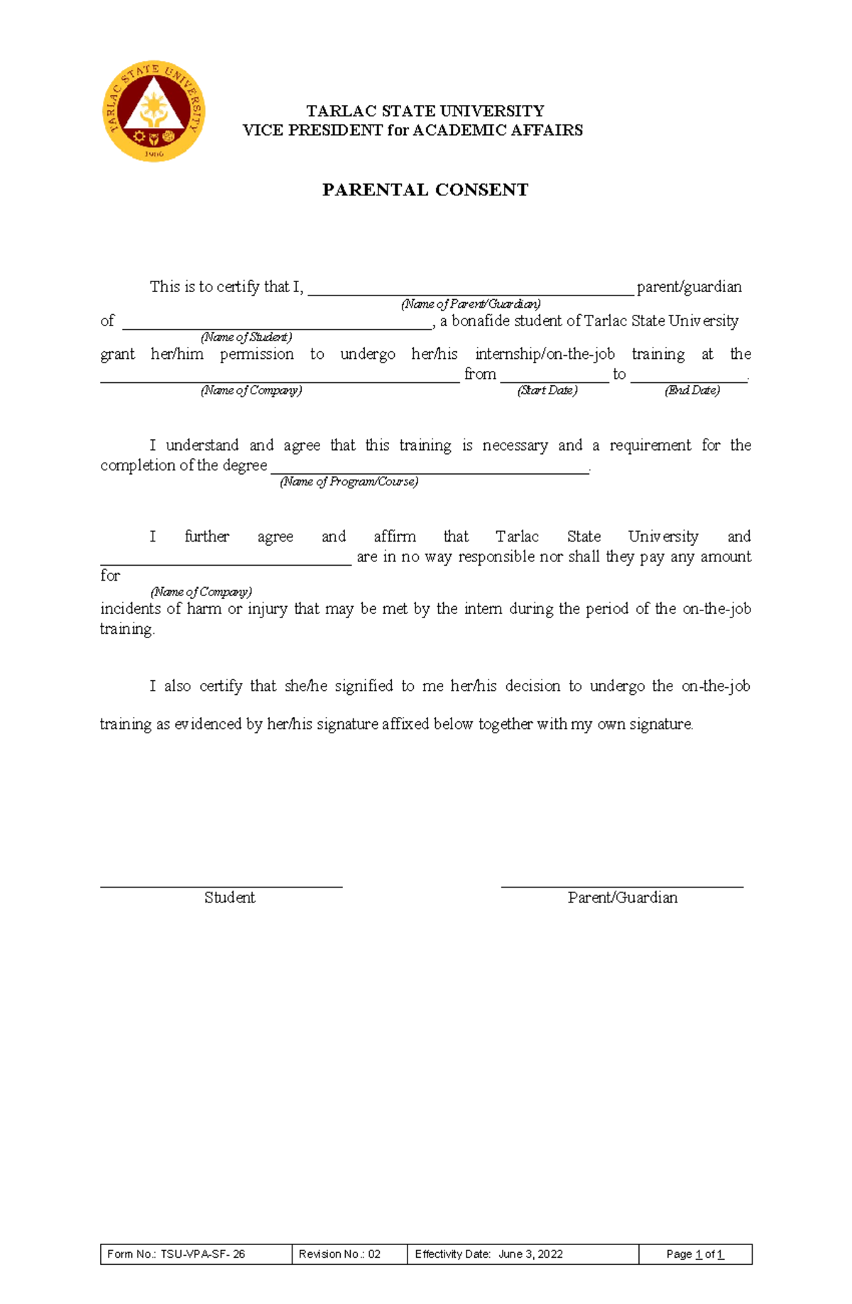 TSU VPA SF 26 Parental Consent for Internship/On-the-Job Training - Studocu