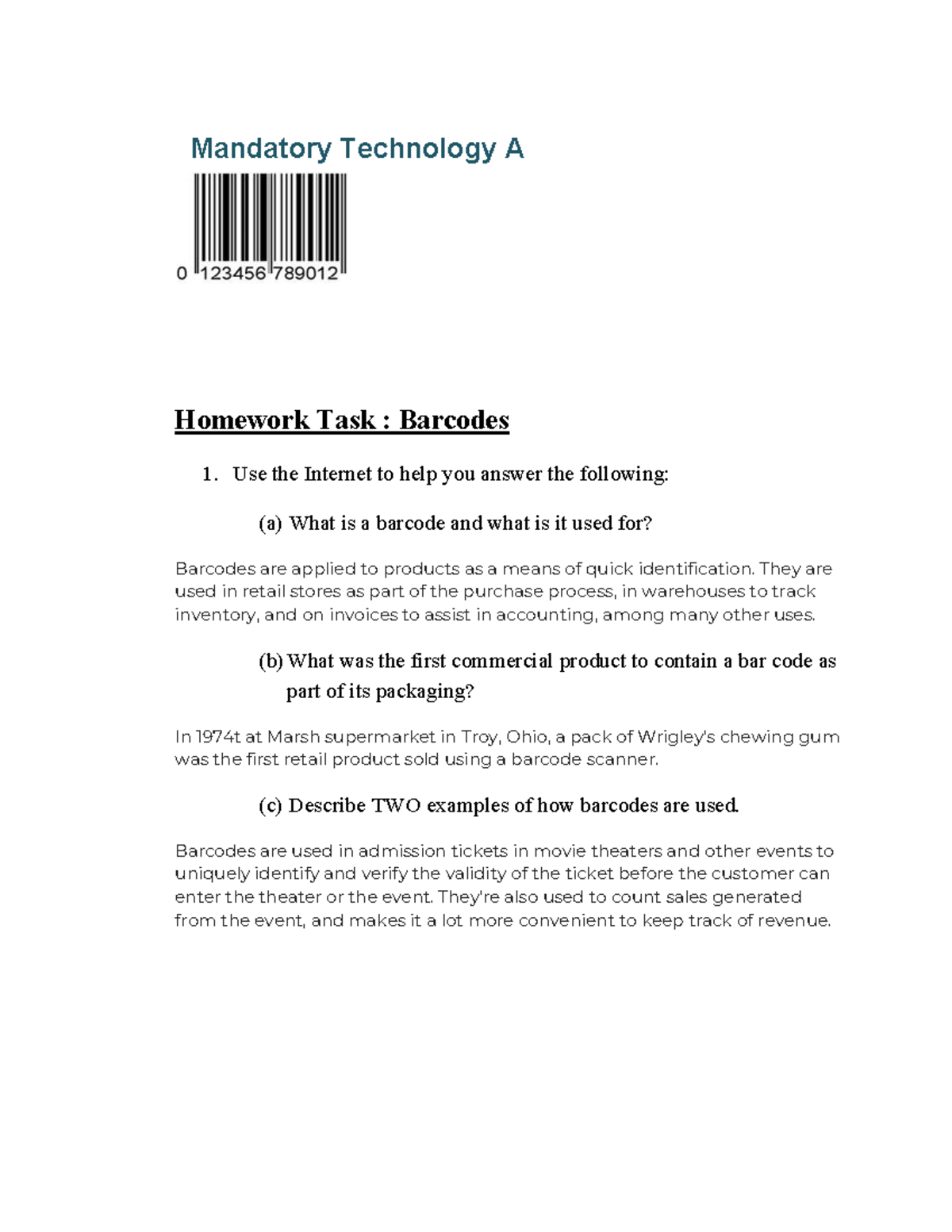 Mandatory Technology A: Homework on Barcodes T3W4 - Studocu