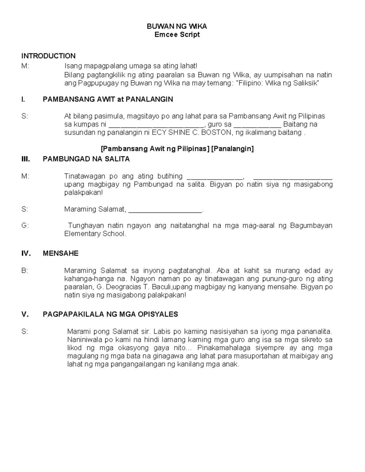 BUWAN NG WIKA Emcee Script for Bagumbayan Elementary School - Studocu