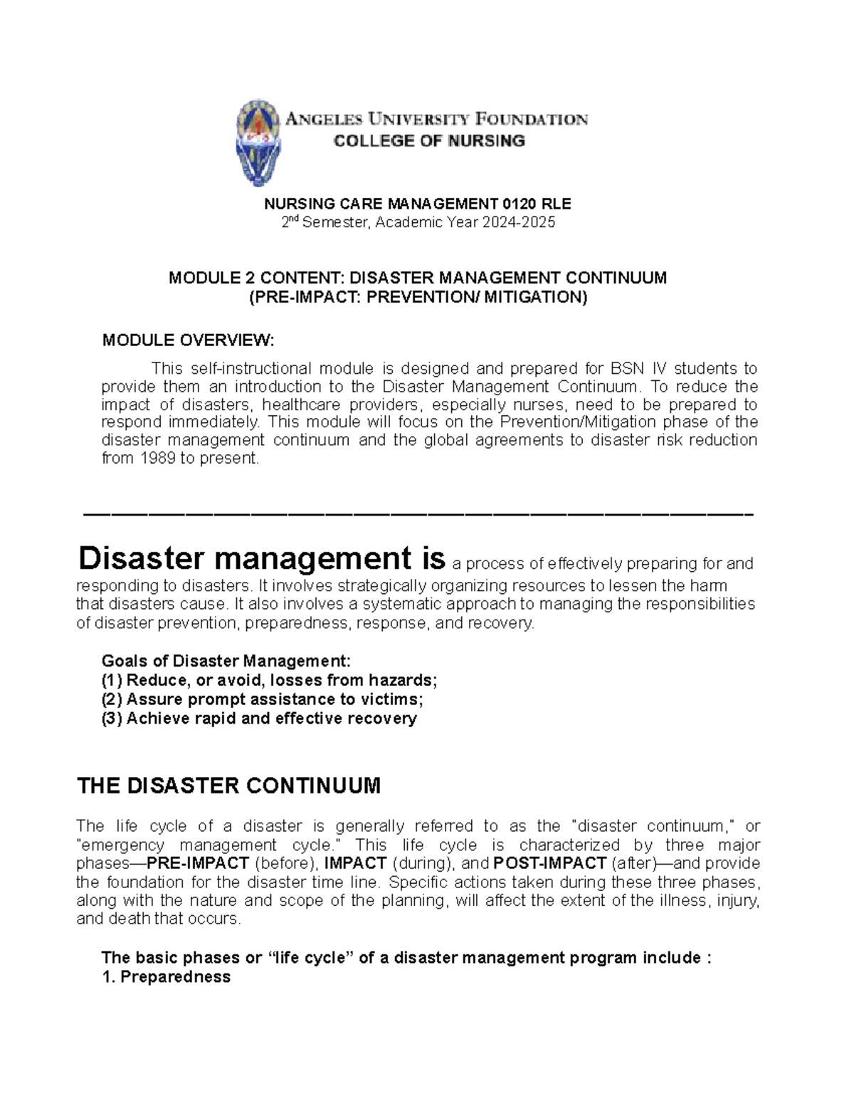 NURSING CARE MANAGEMENT 0120 RLE: Module 2 on Disaster Management - Studocu