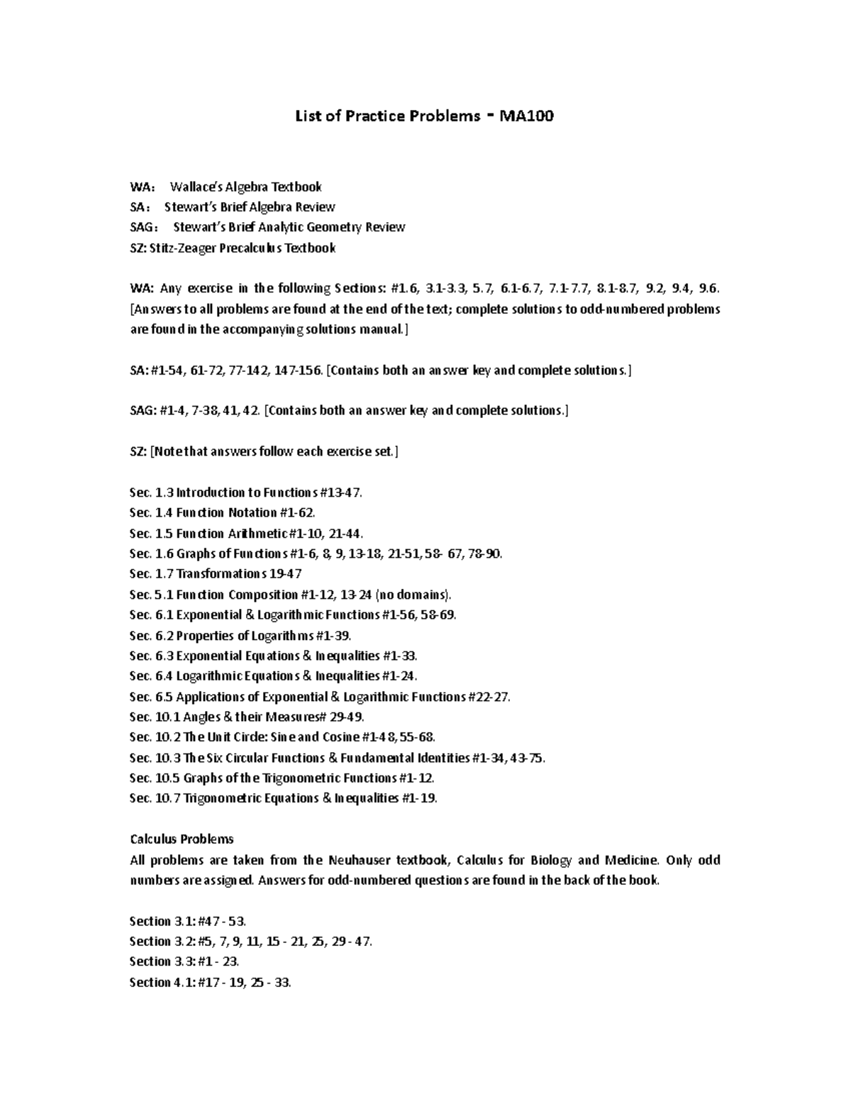 Practice Problems for MA100: Algebra & Calculus Review - Studocu