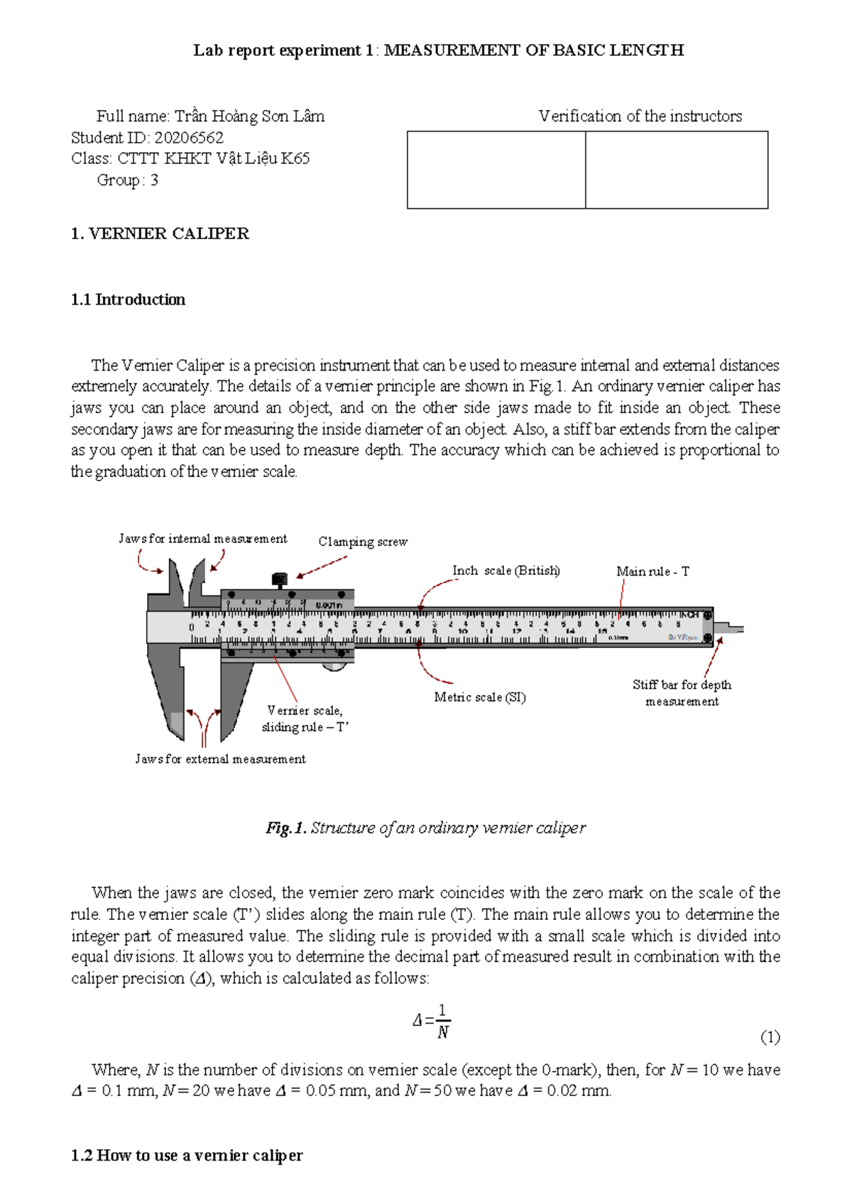 Lab Report Experiment 1: Measurement of Basic Length (KHKT Vật Liệu K65 ...