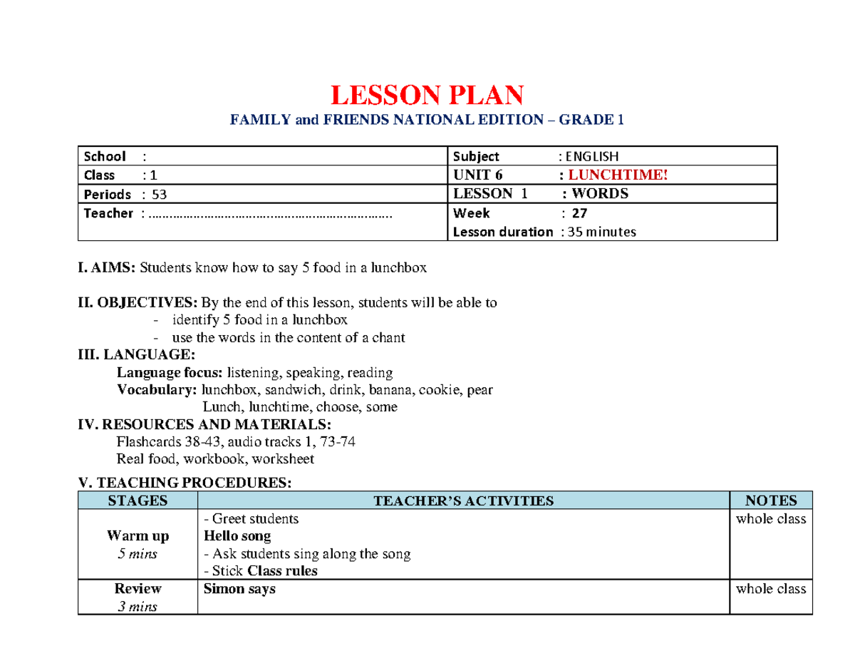 LESSON PLAN: UNIT 6 - LUNCHTIME! (GRADE 1) - Studocu