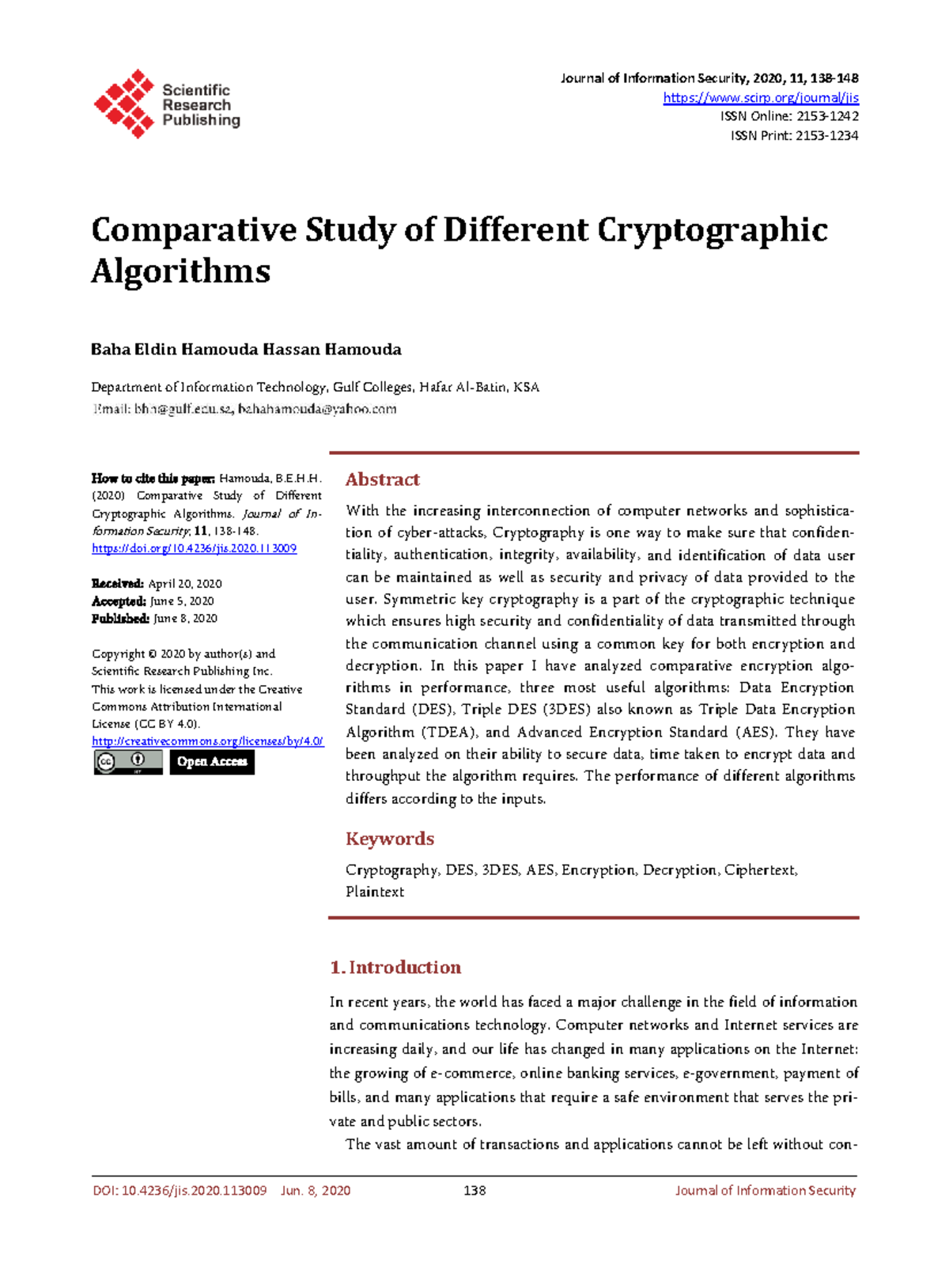 Comparative Analysis of Cryptographic Algorithms (ITC 2020) - Studocu