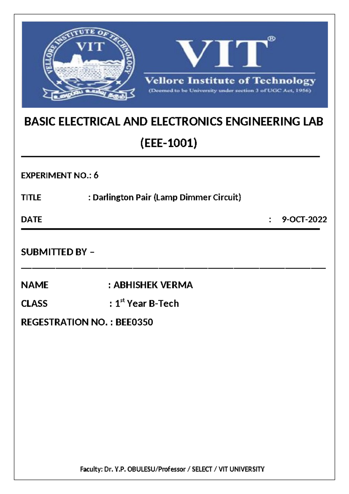 22BEE0350 EEE-1001 Lab Report: Darlington Pair Circuit Experiment - Studocu