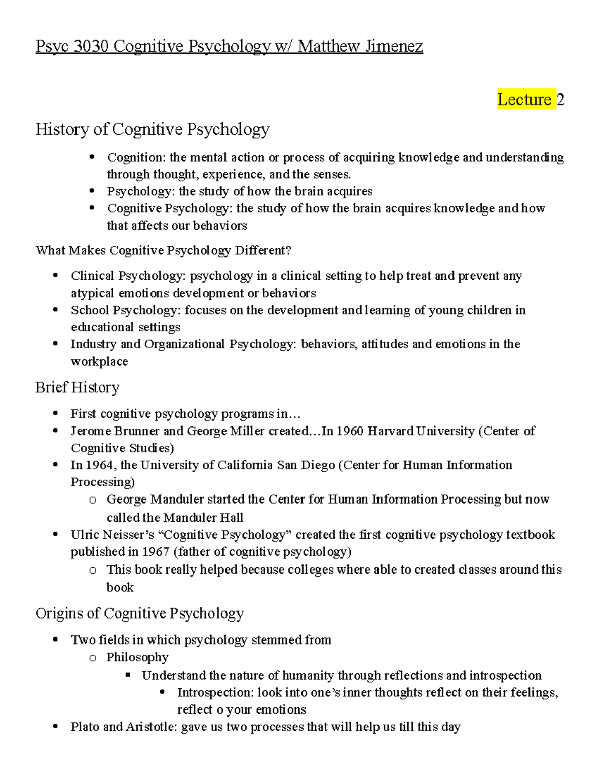 Psyc 3030 Cognitive Psychology Lecture Notes: History & Concepts - Studocu