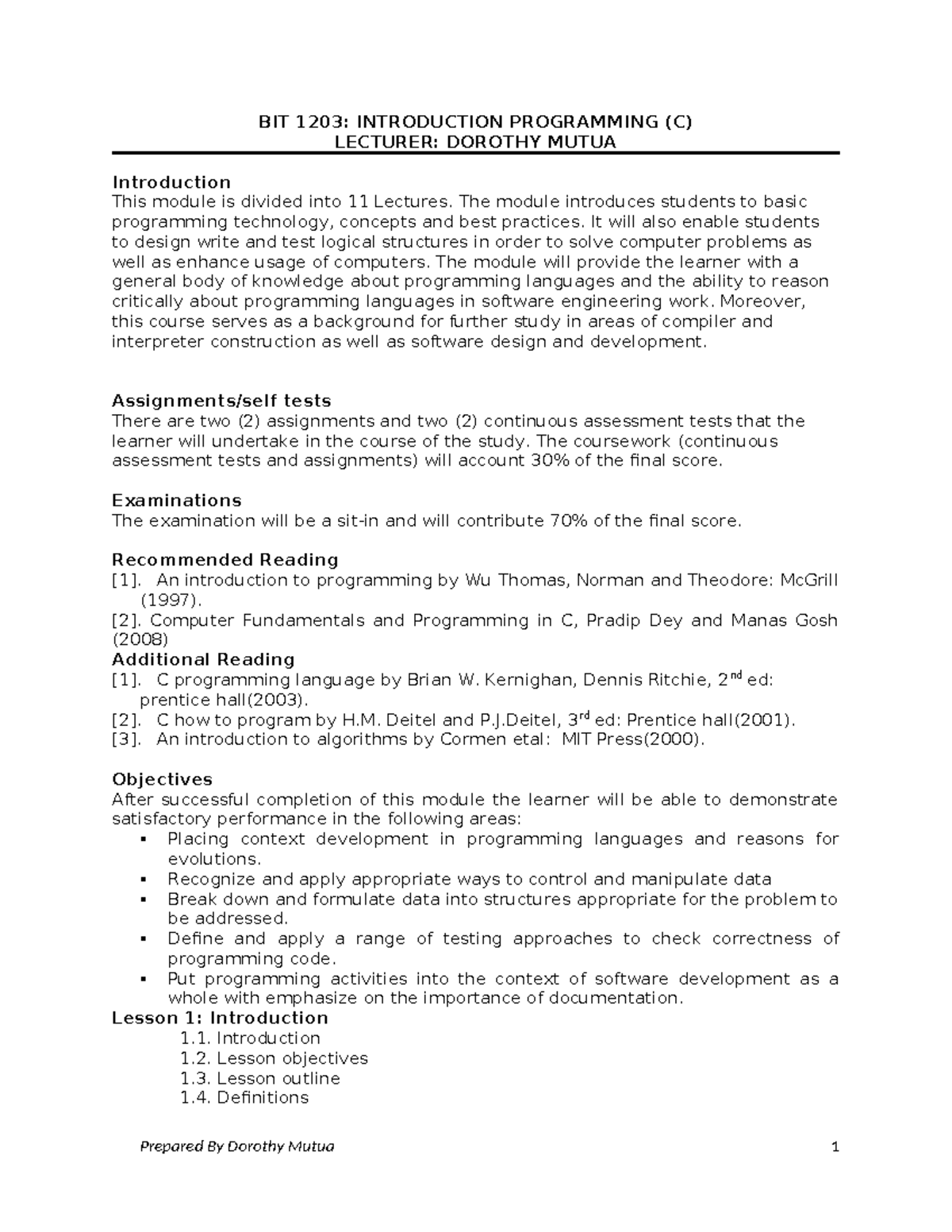 BIT 1203: Intro to Programming in C - Course Overview and Objectives ...
