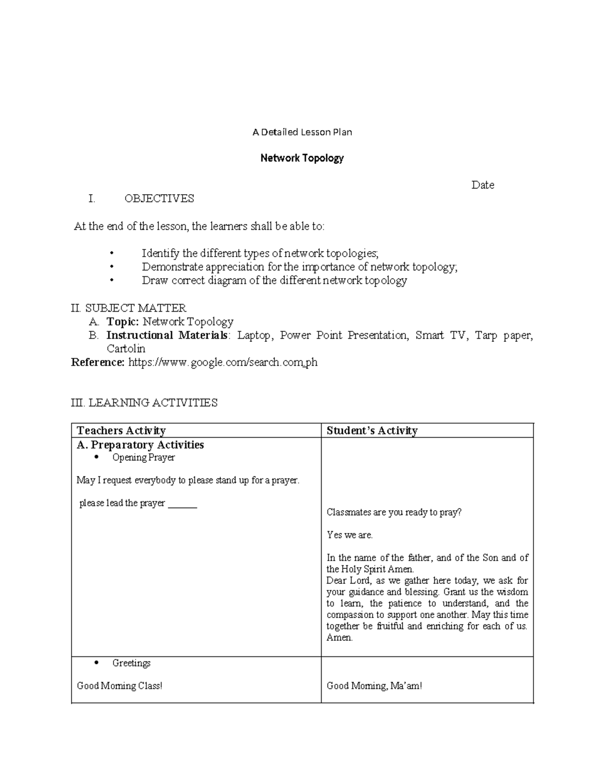 Detailed Lesson Plan: Network Topology (Course Code: NTP101) - Studocu