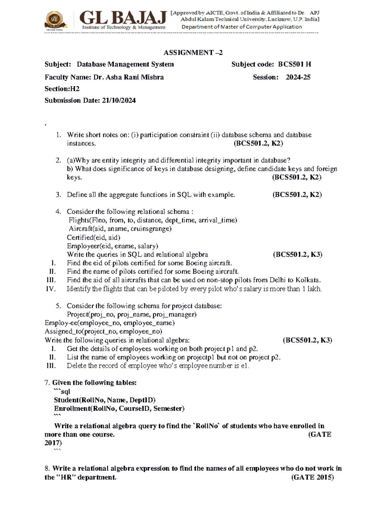 BCS501 Database Management System Assignment 2 Handwritten Notes - Studocu