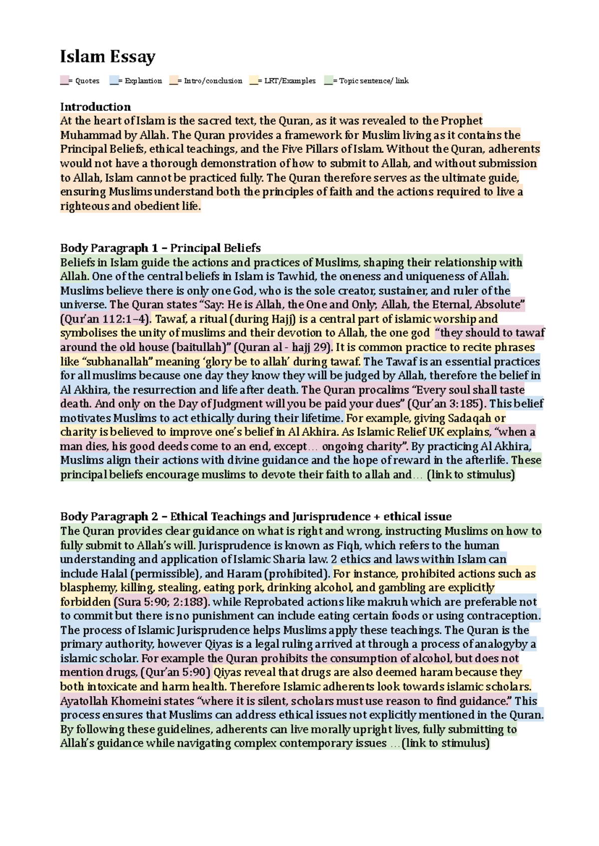 Islam Essay: Quotes and Explanations on Core Beliefs and Ethics - Studocu