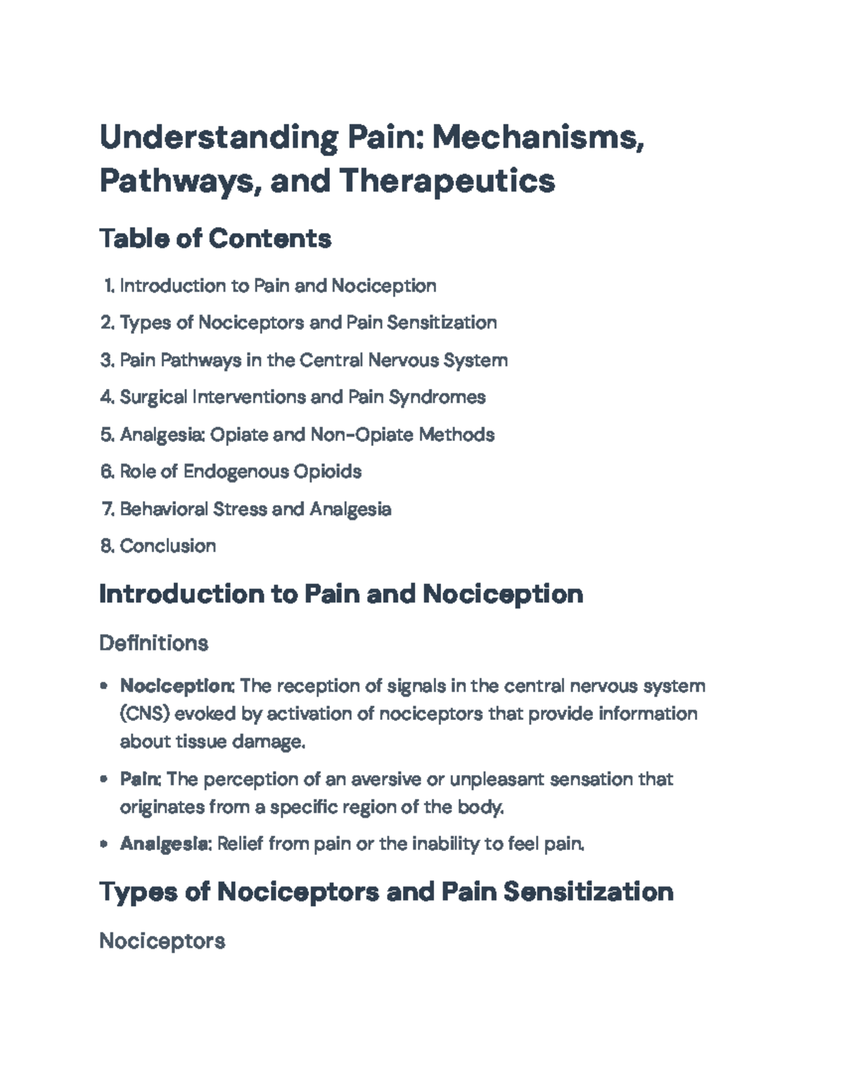 Understanding Pain Mechanisms and Therapeutics (Course Code: PHS101 ...