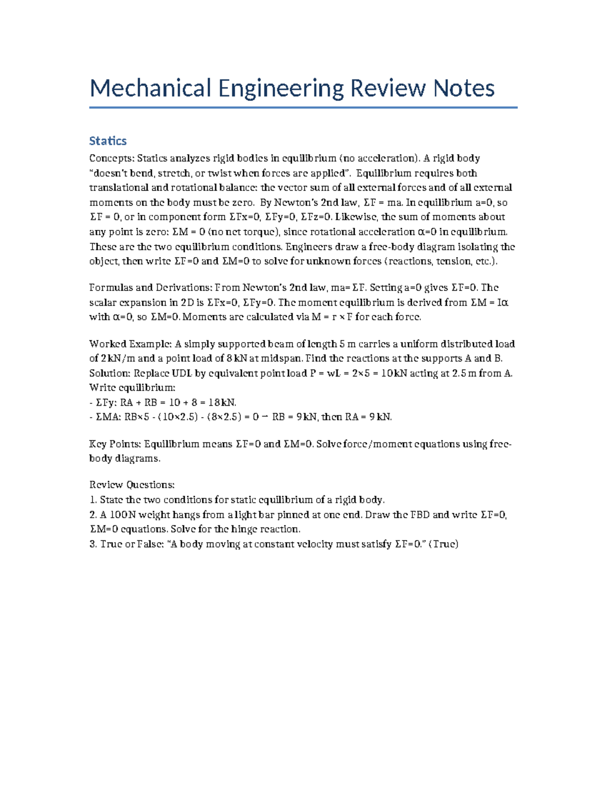 Mechanical Engineering Review Notes - Mechanical Engineering Review ...