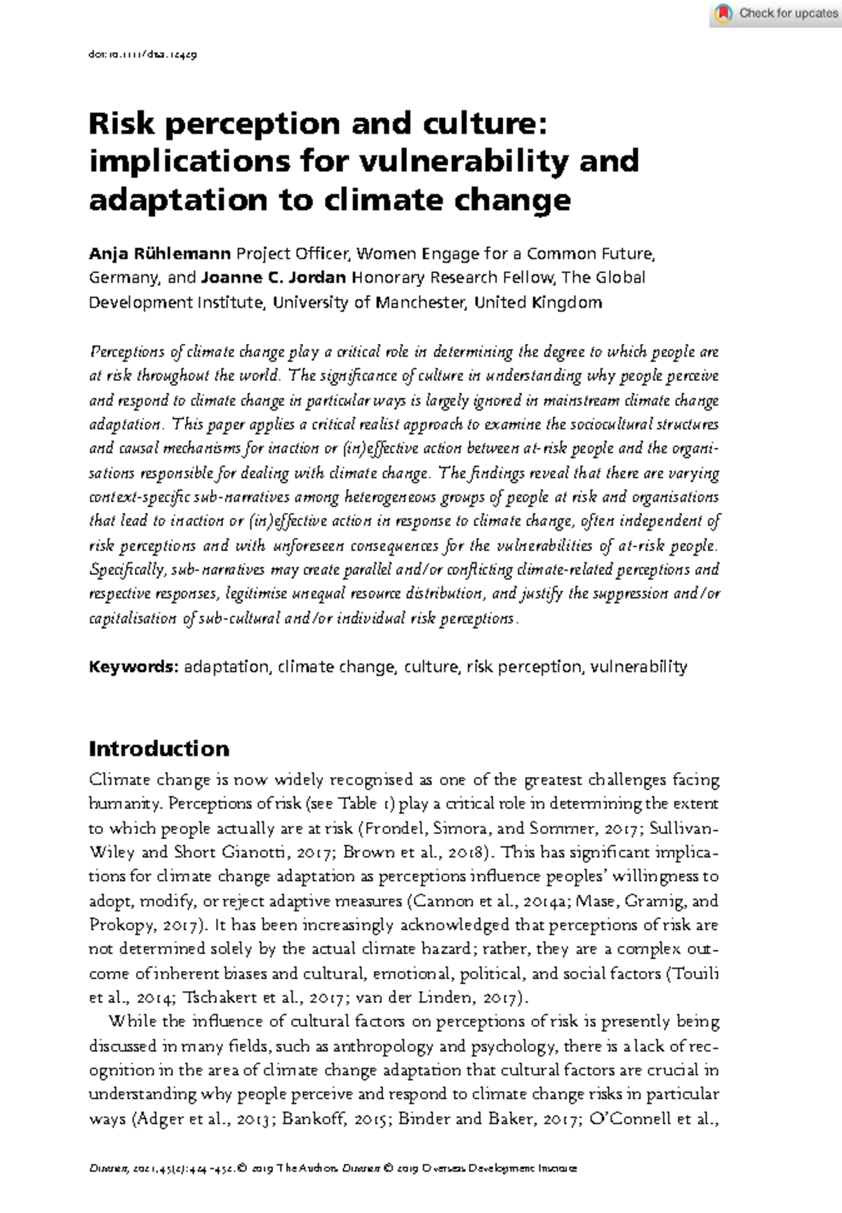 Risk perception and culture: implications for vulnerability and ...