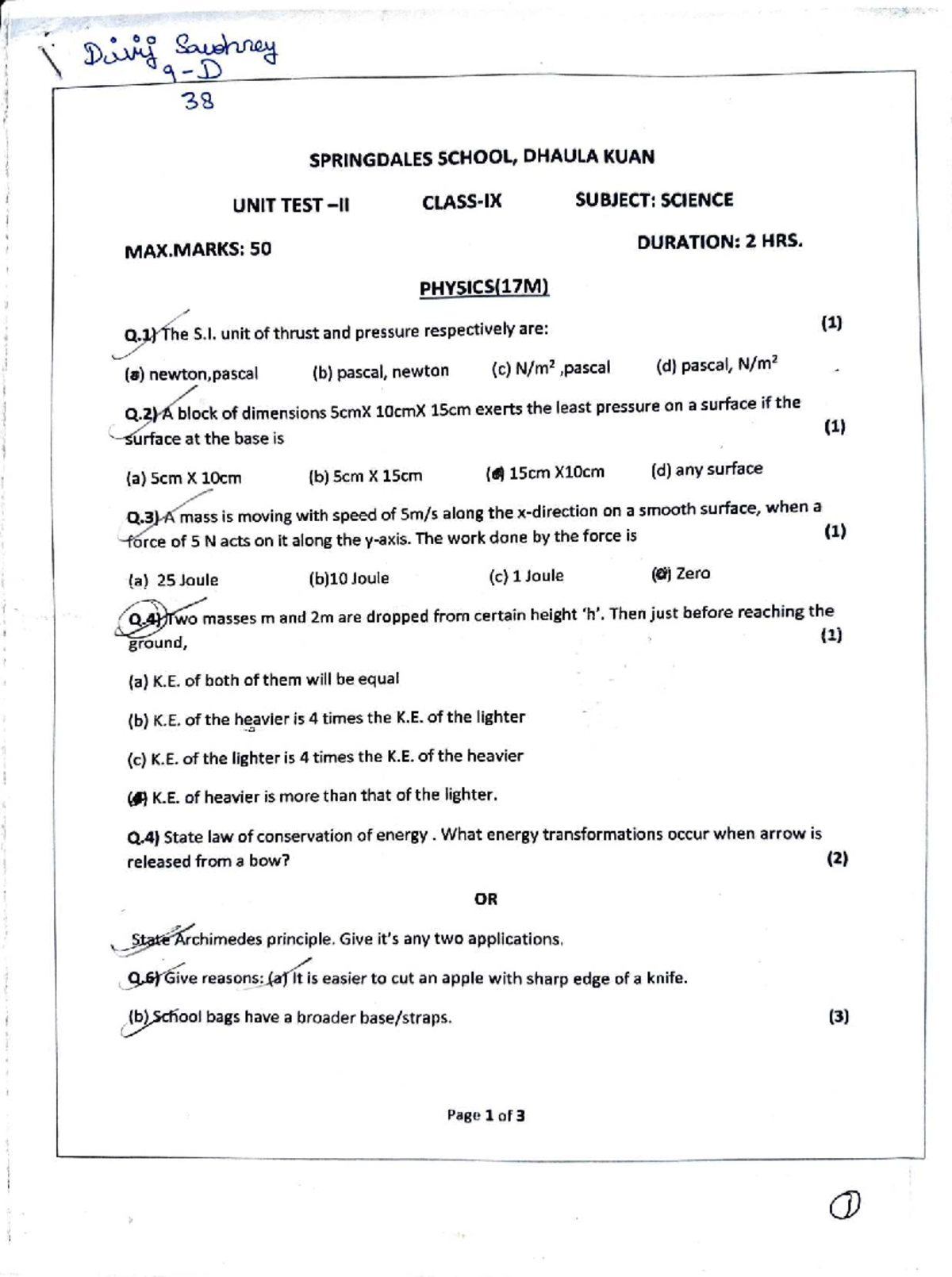 Science Unit I Exam Paper - Springdales School (2 Hrs, 50 Marks) - Studocu