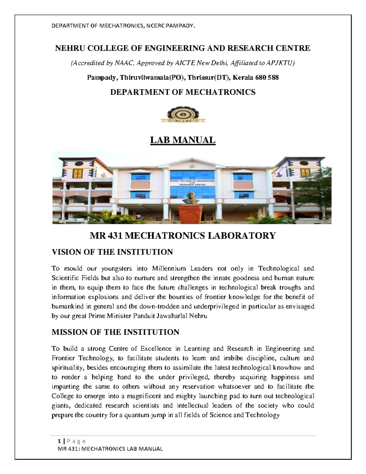 MR 431 Mechatronics Laboratory - Comprehensive Lab Manual - Studocu