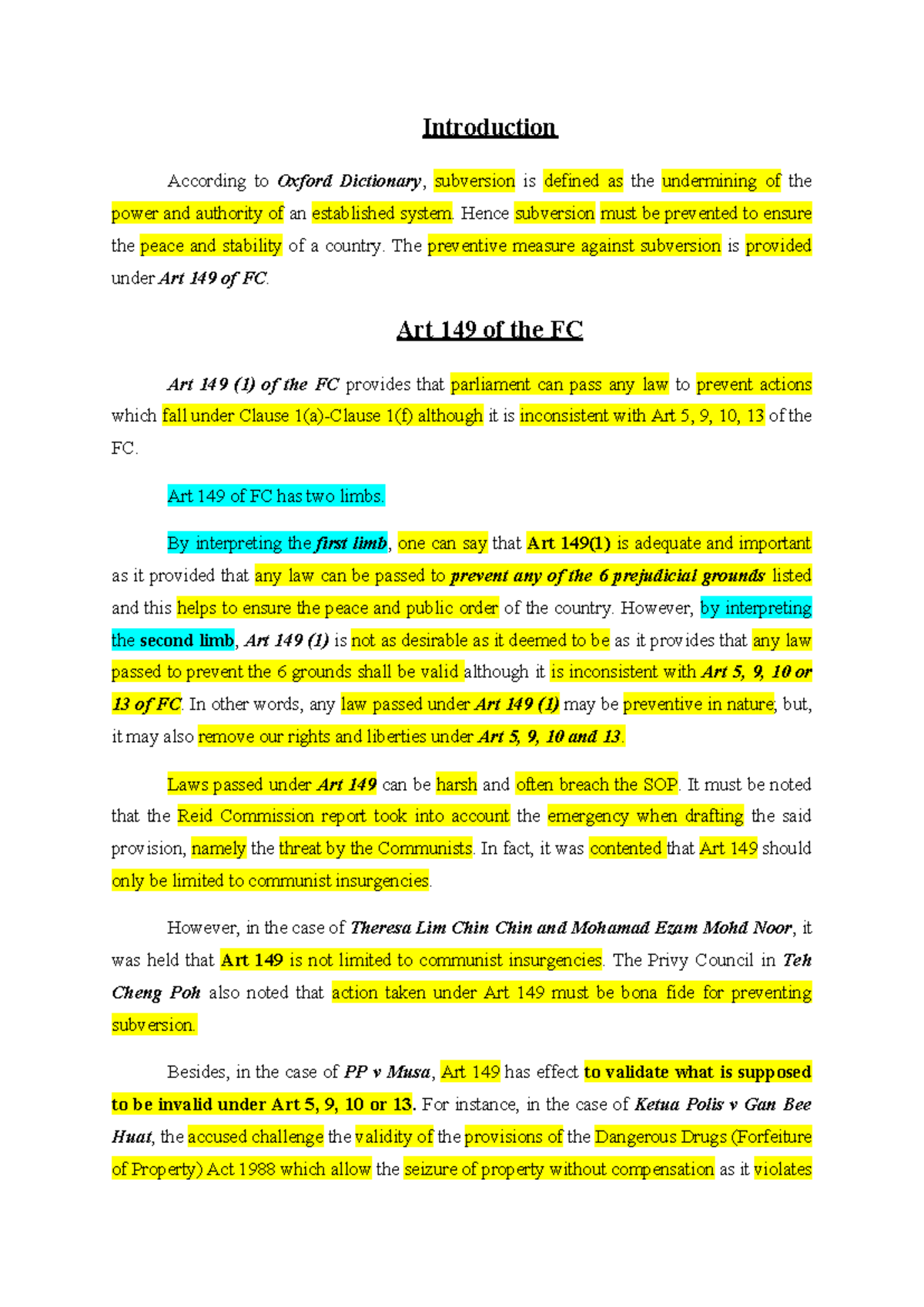 Art 149 & Its Implications on Subversion: A Legal Analysis - Studocu